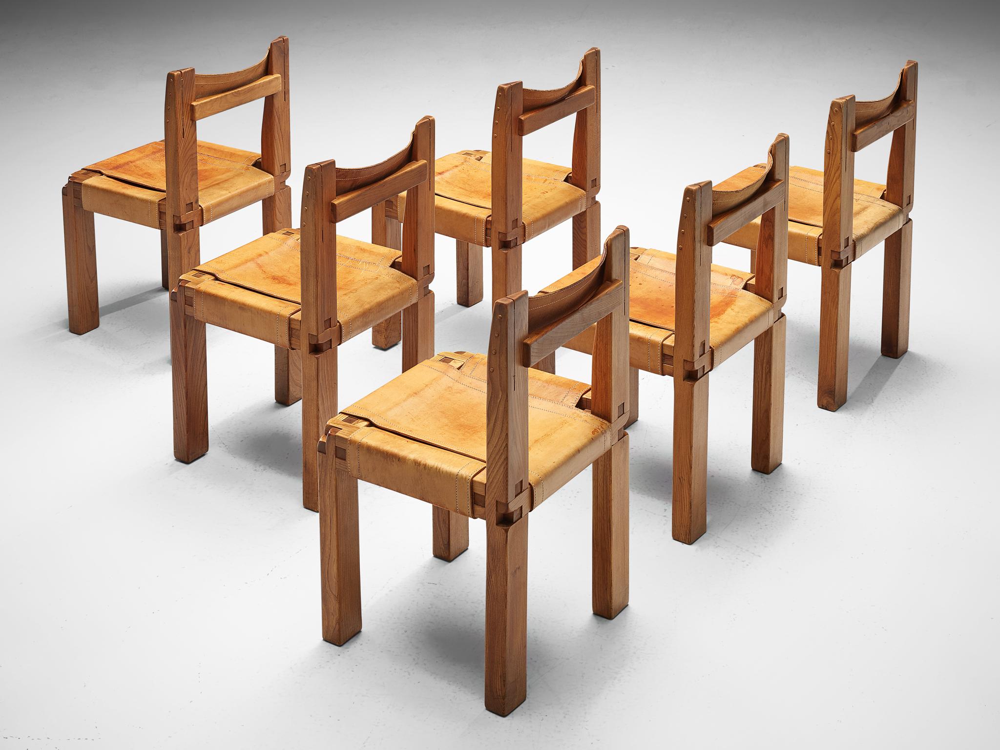 Pierre Chapo, set of six dining chairs, model S11, elm and leather, France, circa 1966. 

A set of six chairs in solid elmwood with black saddle leather seating and back, designed by French designer Pierre Chapo. These chairs have a cubic design