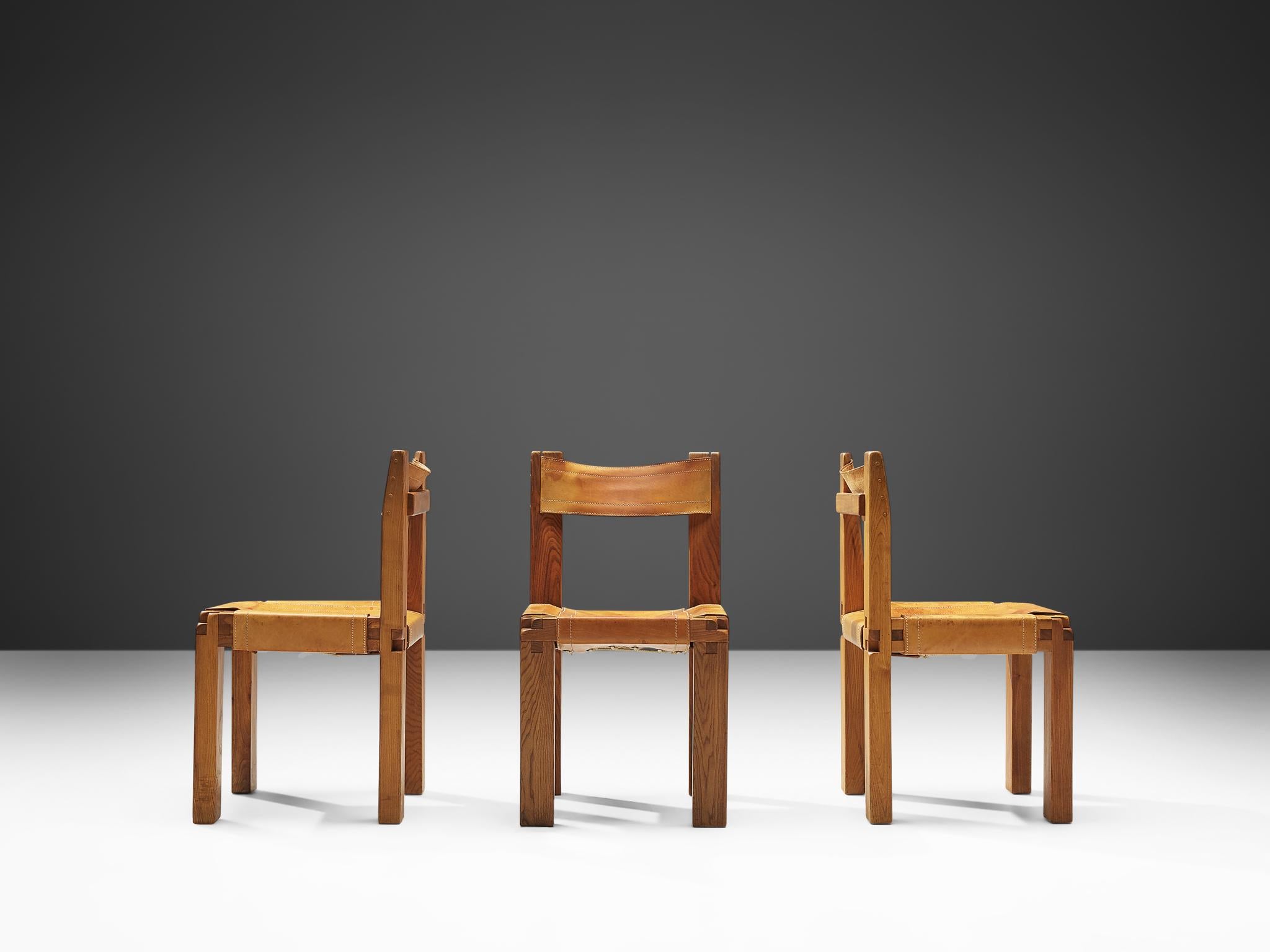 Mid-20th Century Set of Pierre Chapo 'S11' Chairs in Cognac Leather