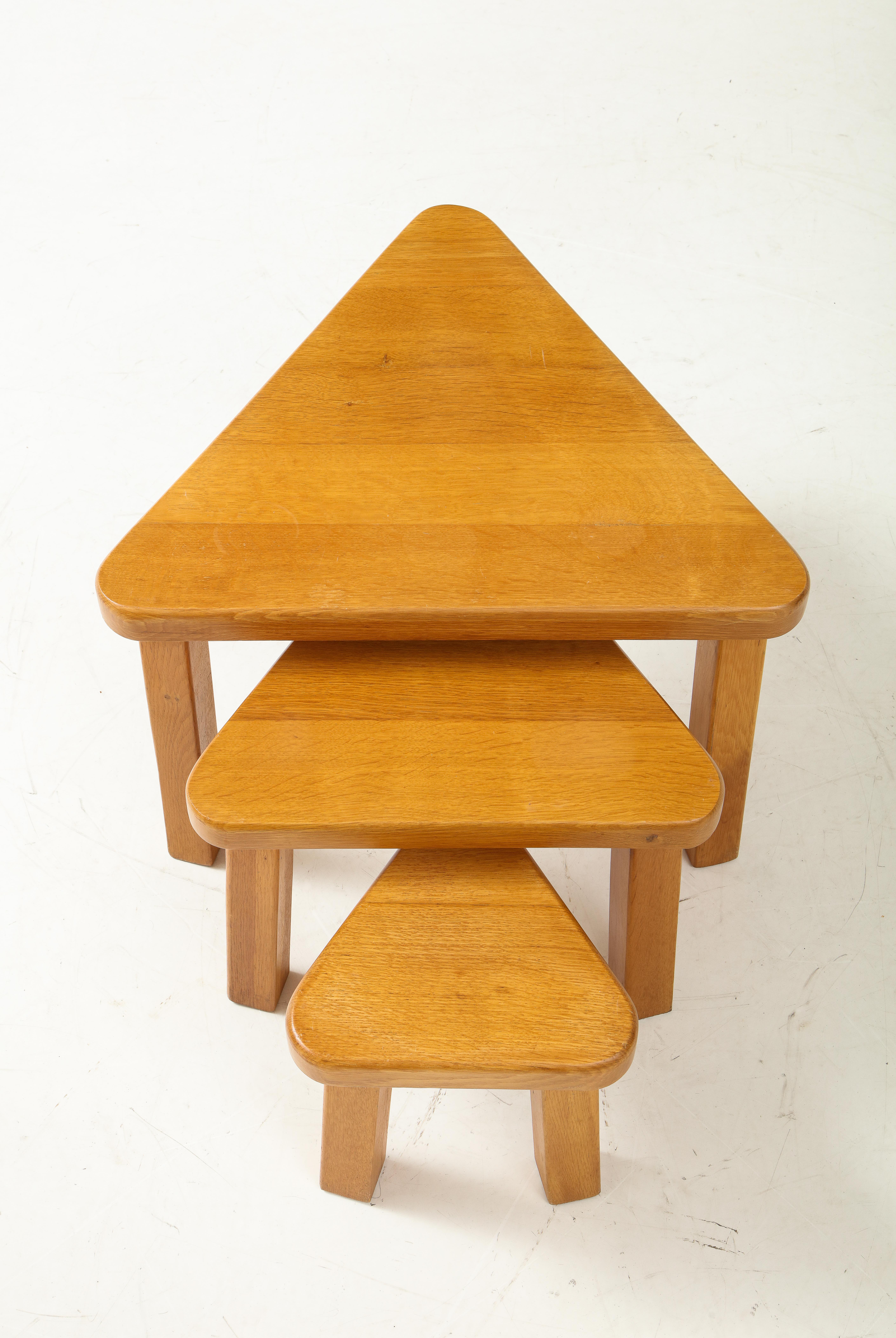 Mid-Century Modern Set of Pierre Chapo Style Triangular Nesting Tables, France, 1960