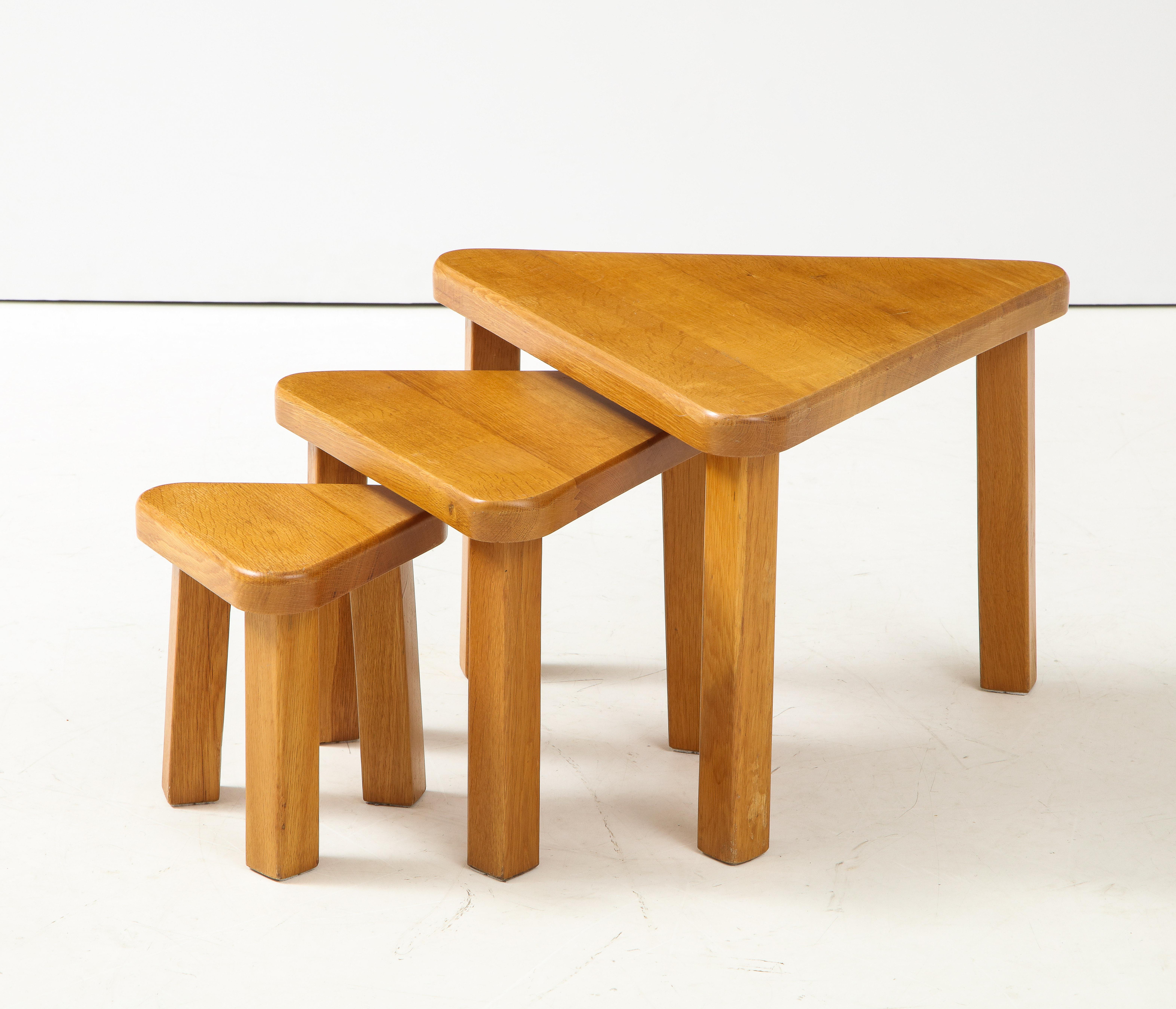 Mid-20th Century Set of Pierre Chapo Style Triangular Nesting Tables, France, 1960