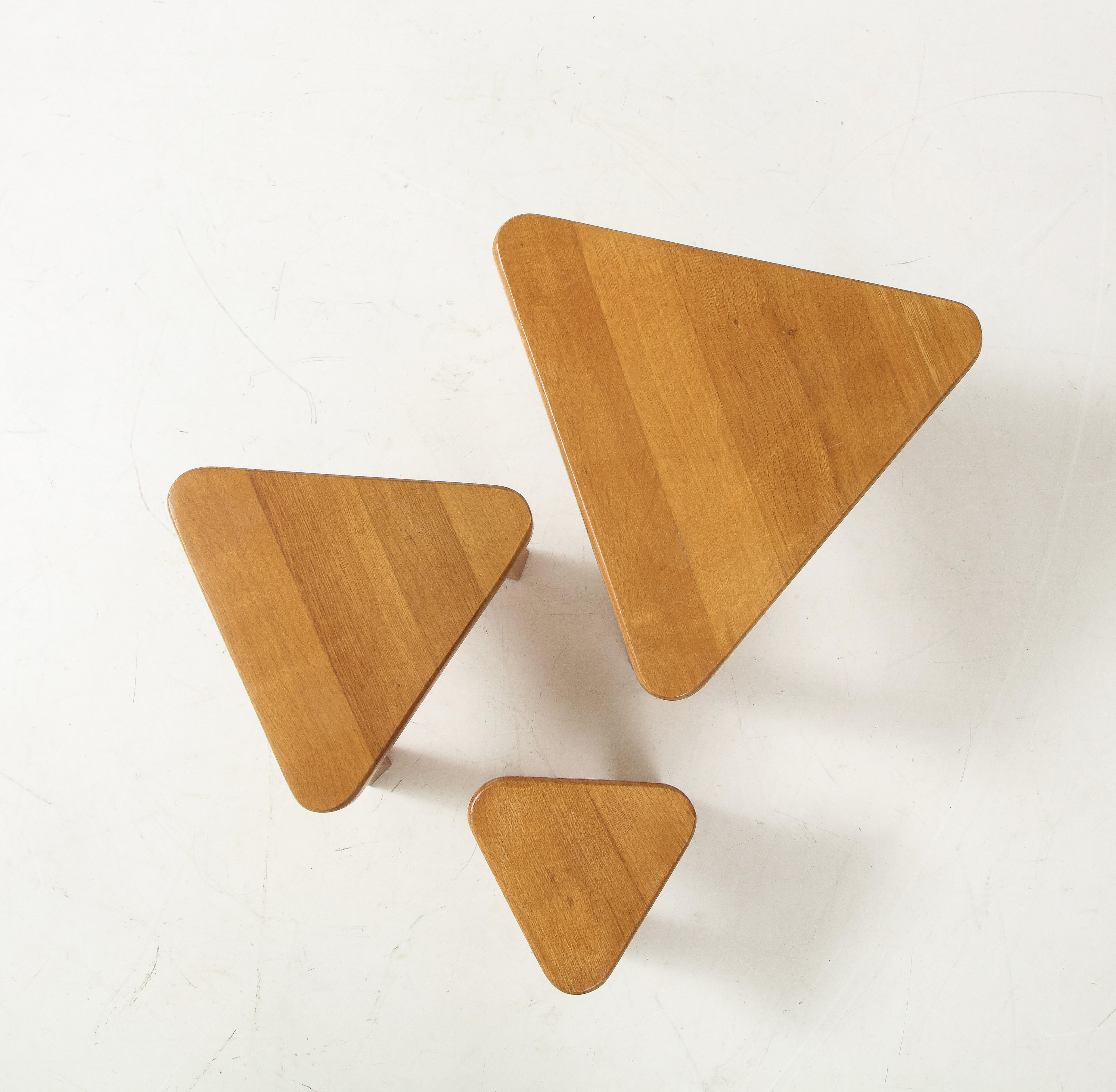 Set of Pierre Chapo Style Triangular Nesting Tables, France, 1960 3