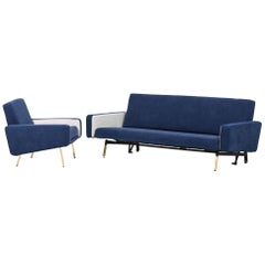 Set di divano letto e coppia di poltrone Pierre Guariche per Airborne French Design