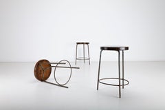 Set of Pierre Jeanneret Stools in Patinated Teak & Iron from Chandigarh, India