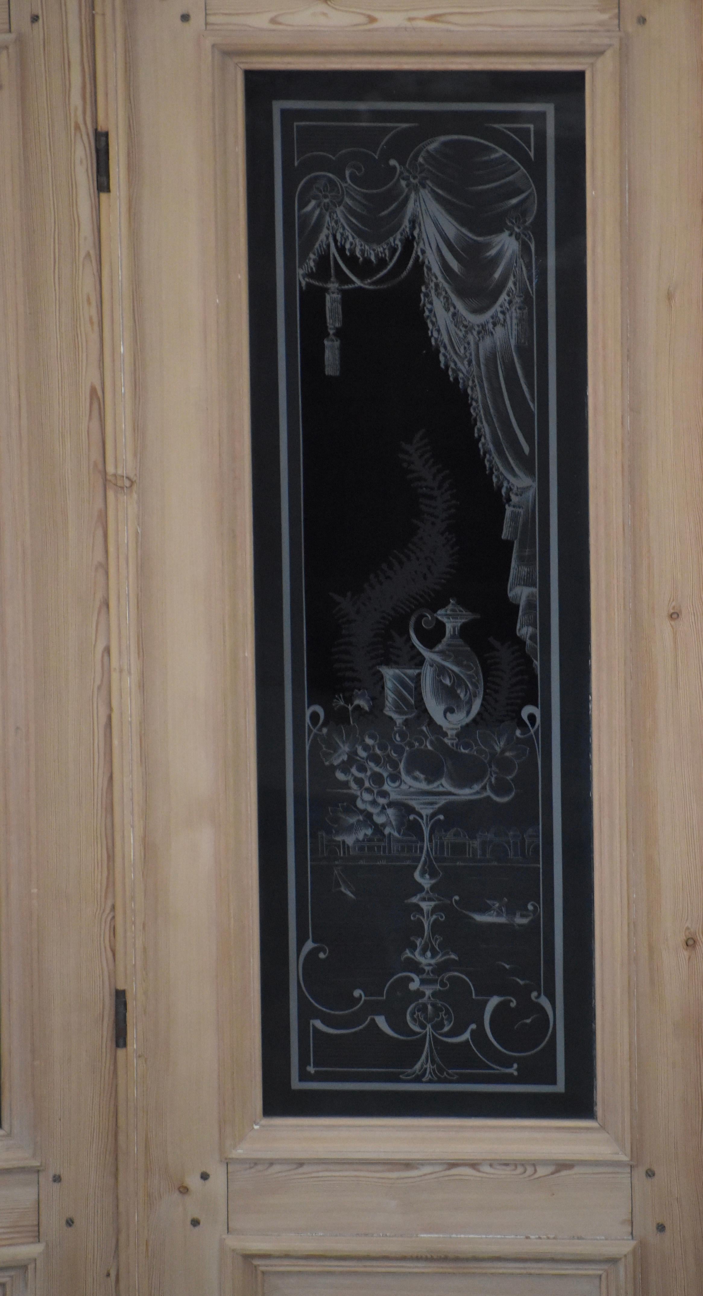 Belgian Set of Pine Etched Glass Doors, circa 1900 For Sale