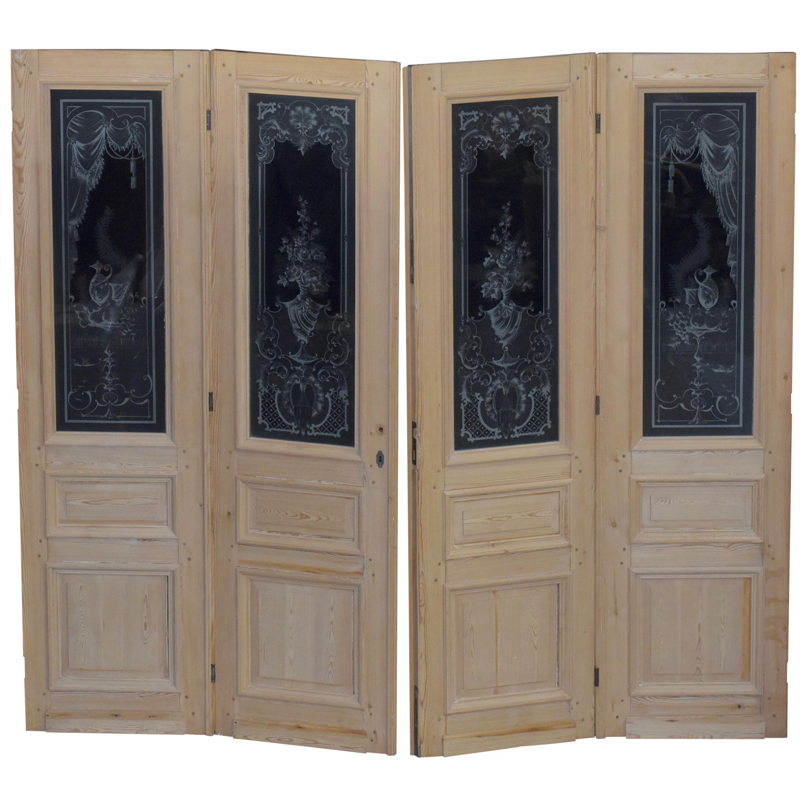 Set von Kiefernholz-Türen aus geätztem Glas, um 1900