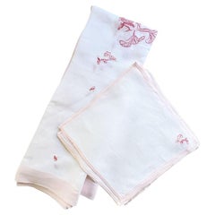 Vintage Set of Pink Floral Embroidered Napkins and Tablecloth Set - 12