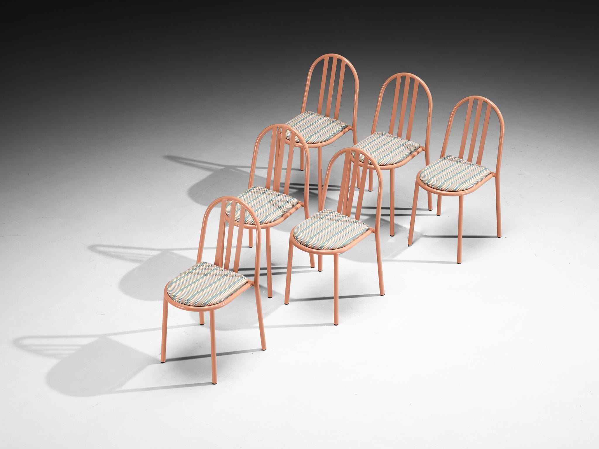 Robert Mallet Stevens for Stevens designs, dining chairs, lacquered metal, fabric, France, design 1928, production later

Admirable set of salmon pink lacquered tubular chairs with striped seats, designed by one of the masters of the Modern