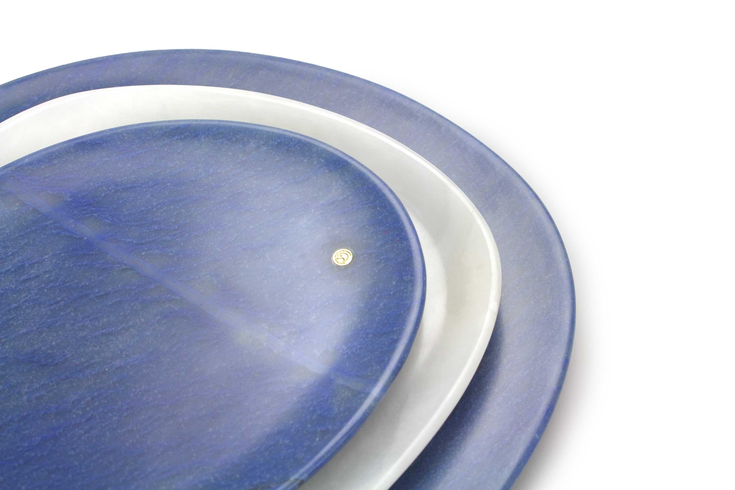 Modern Plates Platter Serveware Set White Onyx Blue Azul Marble Hand-carved Italy  For Sale