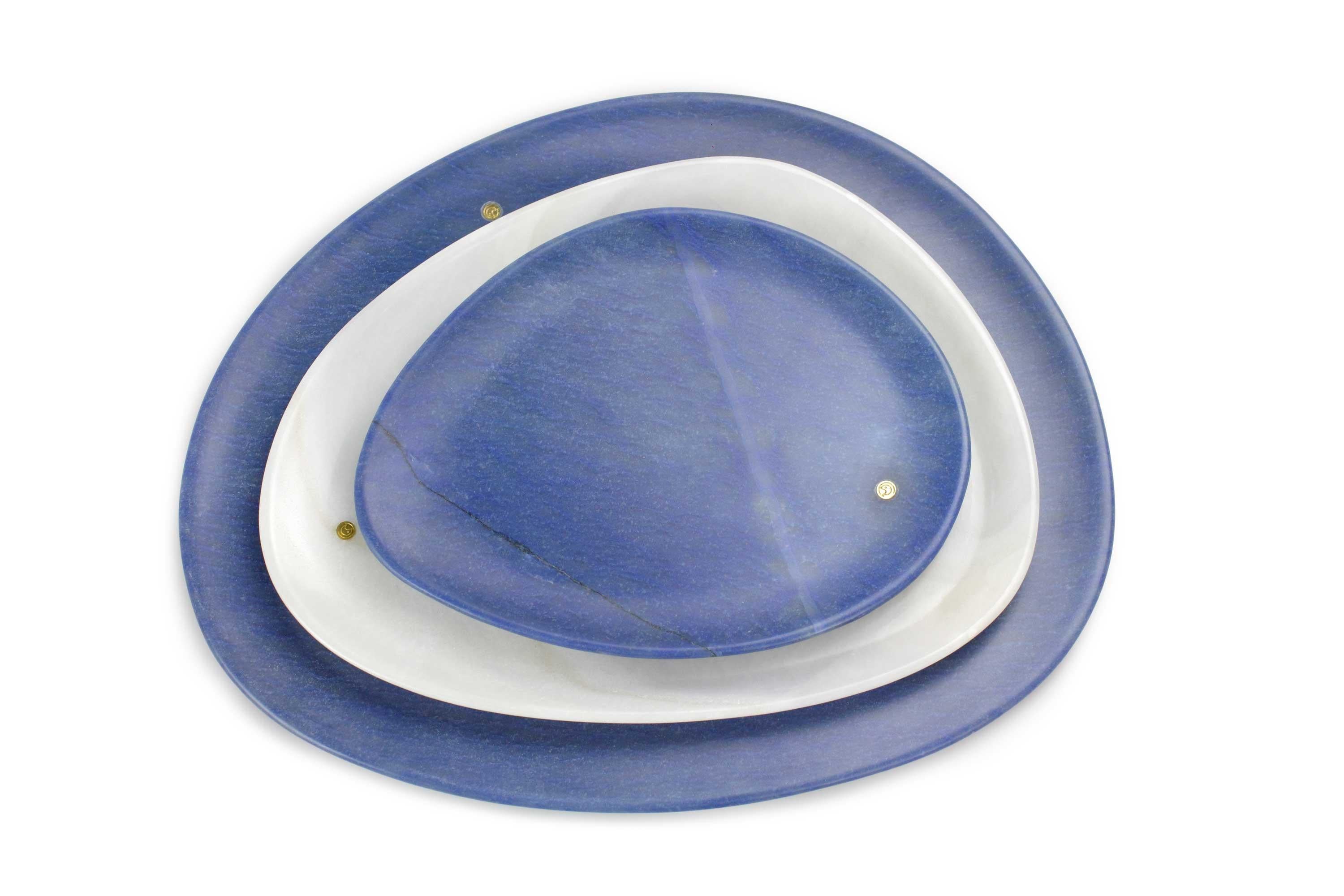 Italian Plates Platter Serveware Set White Onyx Blue Azul Marble Hand-carved Italy  For Sale