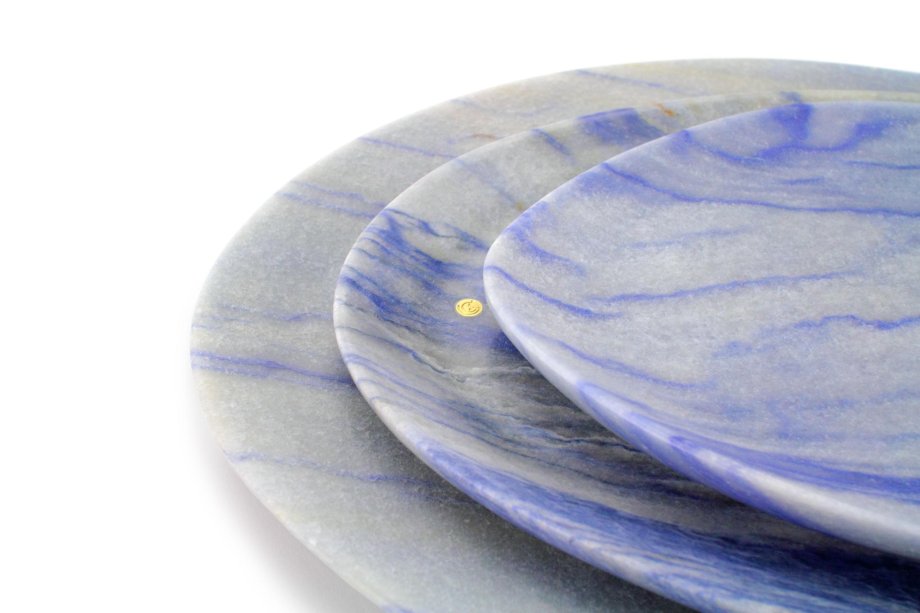 Modern Plates Platters Serveware Set of 3 Blue Azul Macaubas Marble Hand-carved Italy For Sale