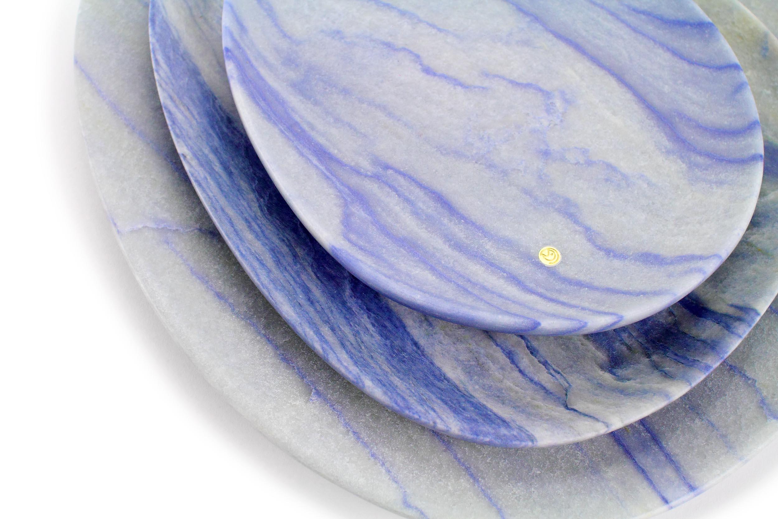 Italian Plates Platters Serveware Set of 3 Blue Azul Macaubas Marble Hand-carved Italy For Sale