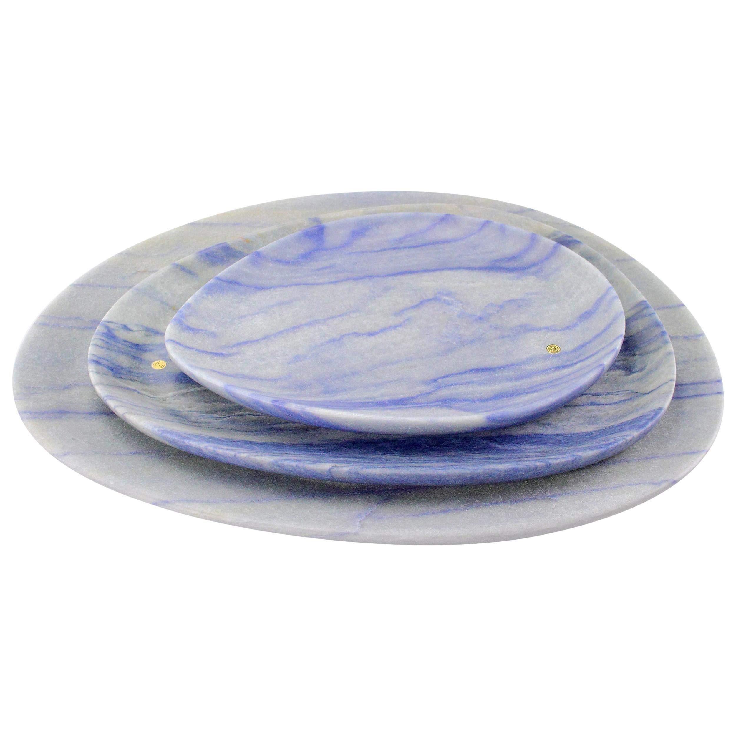 Plates Platters Serveware Set of 3 Blue Azul Macaubas Marble Hand-carved Italy For Sale