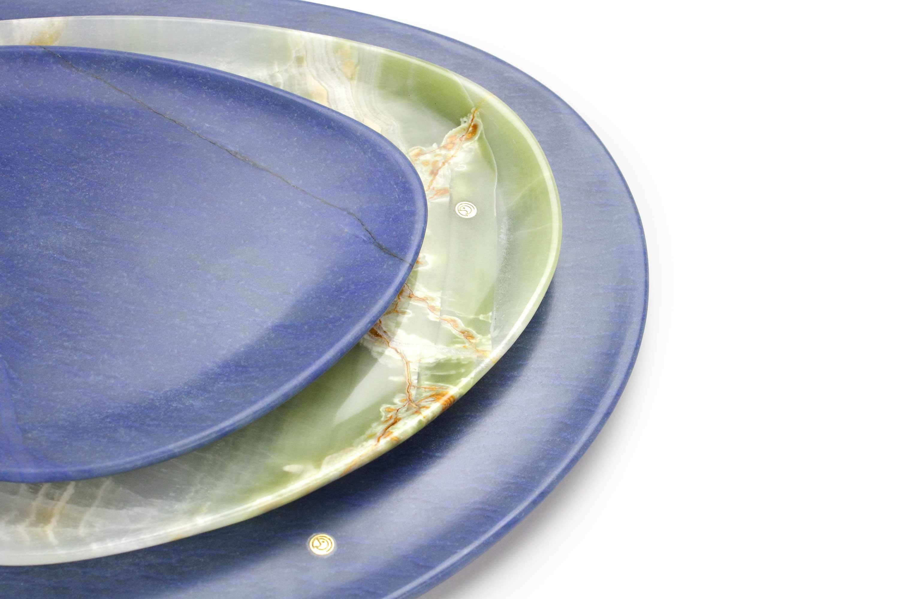 Modern Plates Platter Serveware Set Green Onyx Blue Azul Marble Hand-carved Collectible For Sale