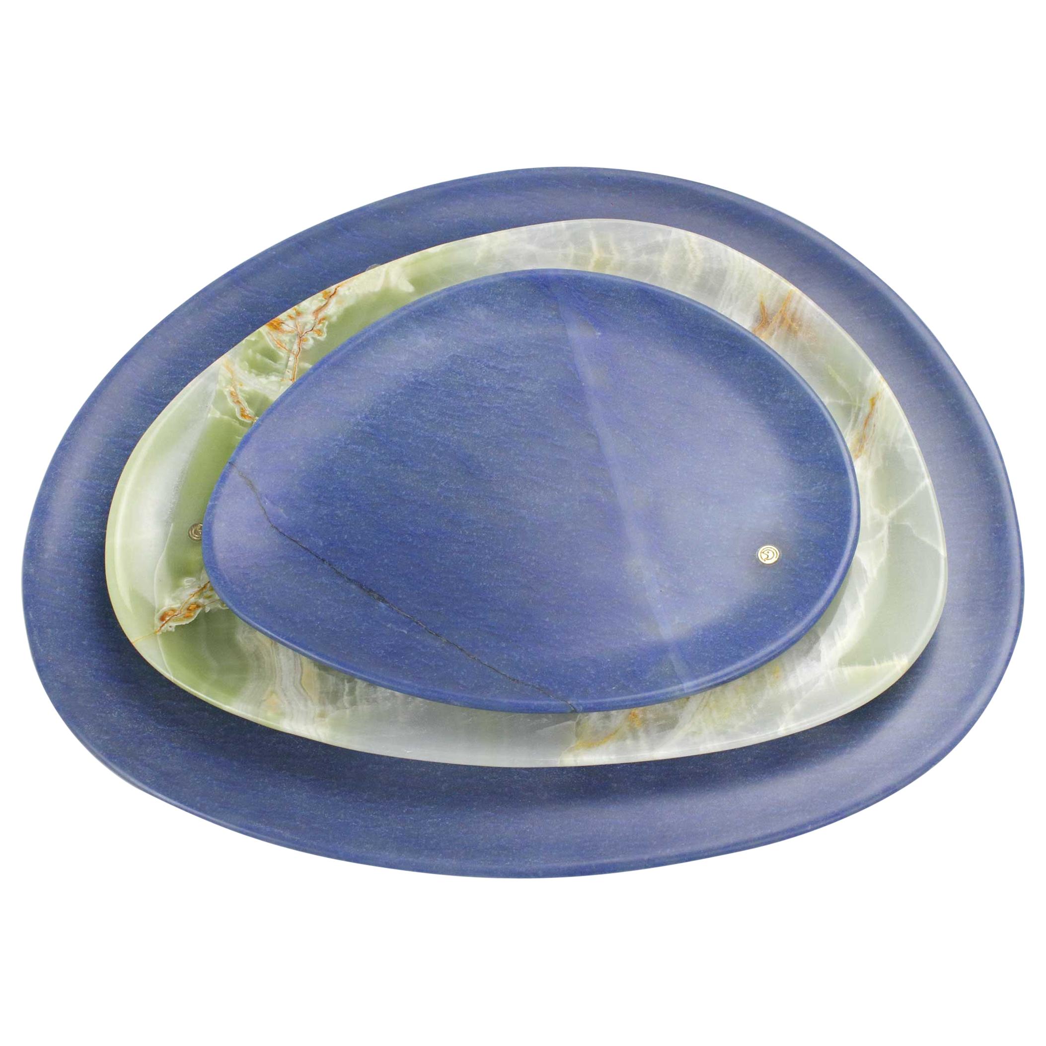Plates Platter Serveware Set Green Onyx Blue Azul Marble Hand-carved Collectible