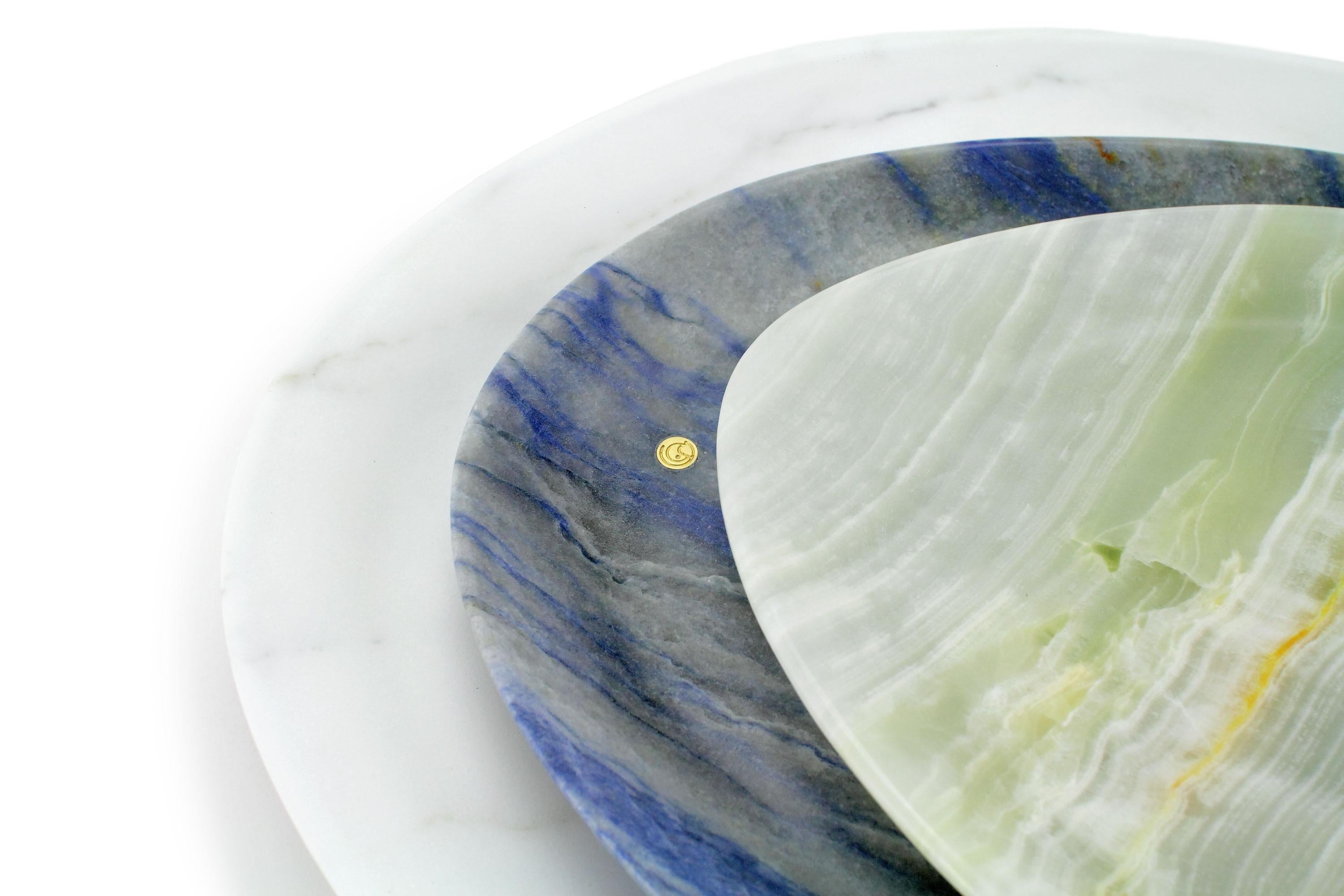 Modern Plates Platter Serveware Set Green Onyx Blue Azul White Marble Hand-carved Italy For Sale