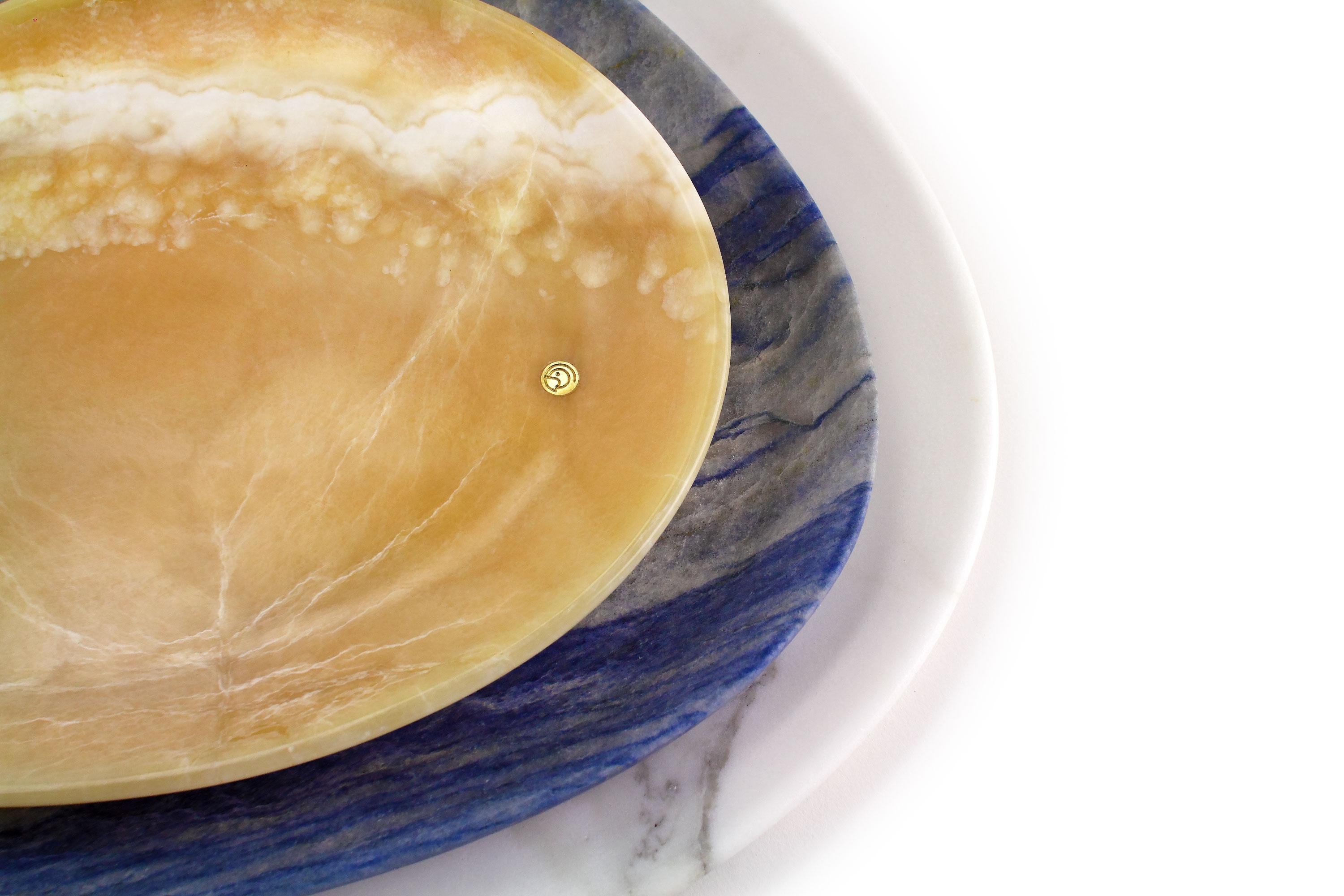 Modern Plates Platters Serveware Set Orange Onyx Blue Azul White Marble Hand-carved For Sale
