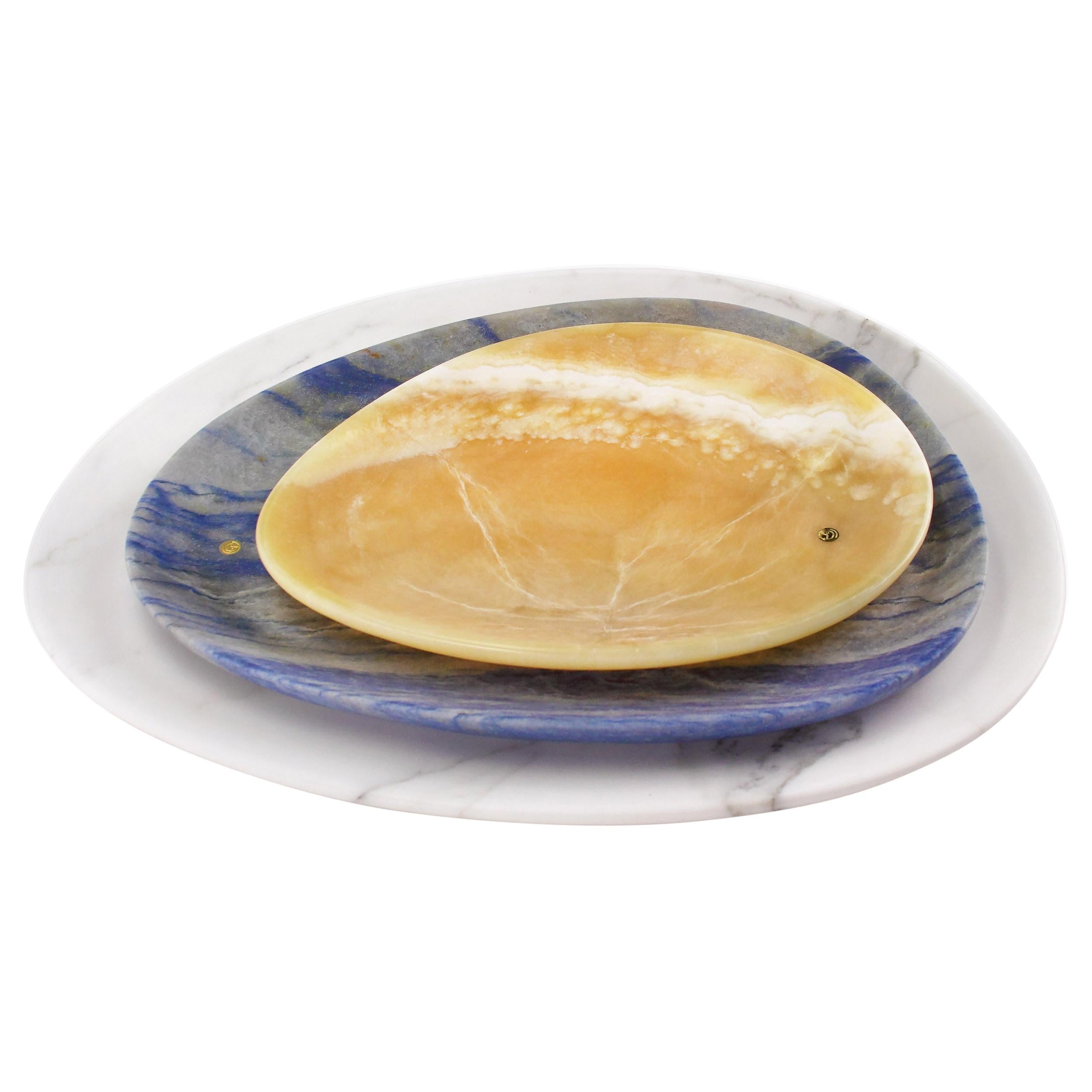 Plates Platters Serveware Set Orange Onyx Blue Azul White Marble Hand-carved For Sale