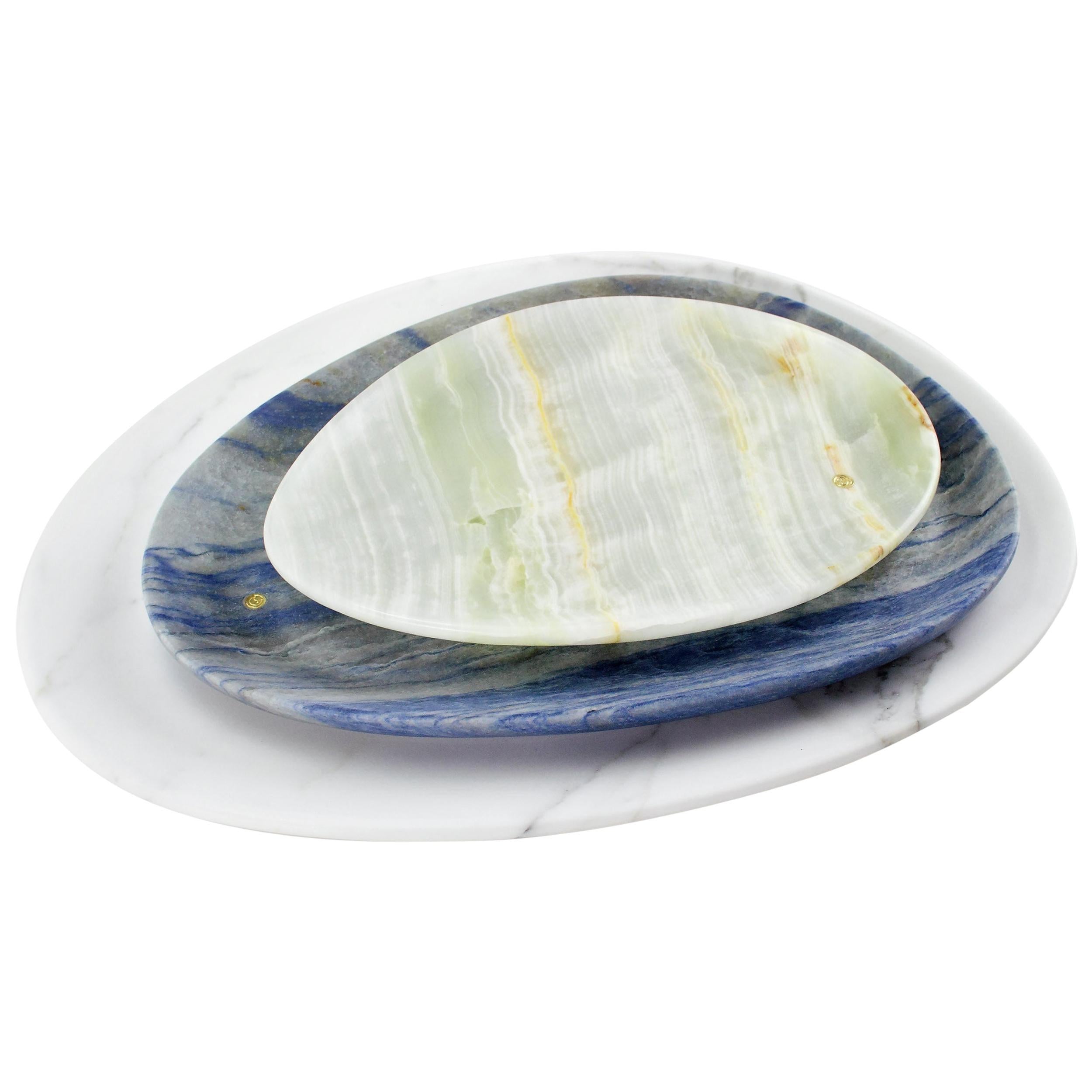 Plates Platter Serveware Set Green Onyx Blue Azul White Marble Hand-carved Italy For Sale