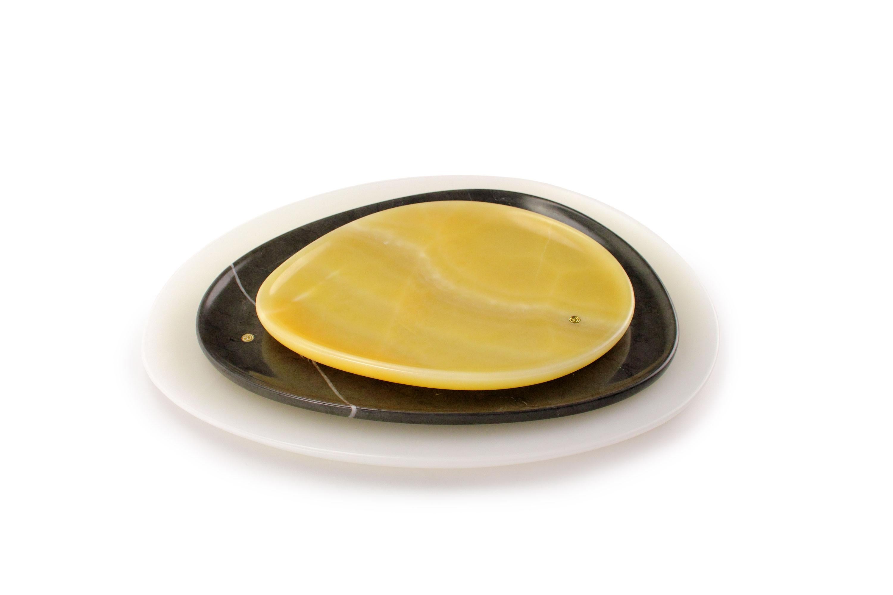 Modern Plates Platters Serveware Set Orange White Onyx Grey Stone Marble Hand-carved For Sale
