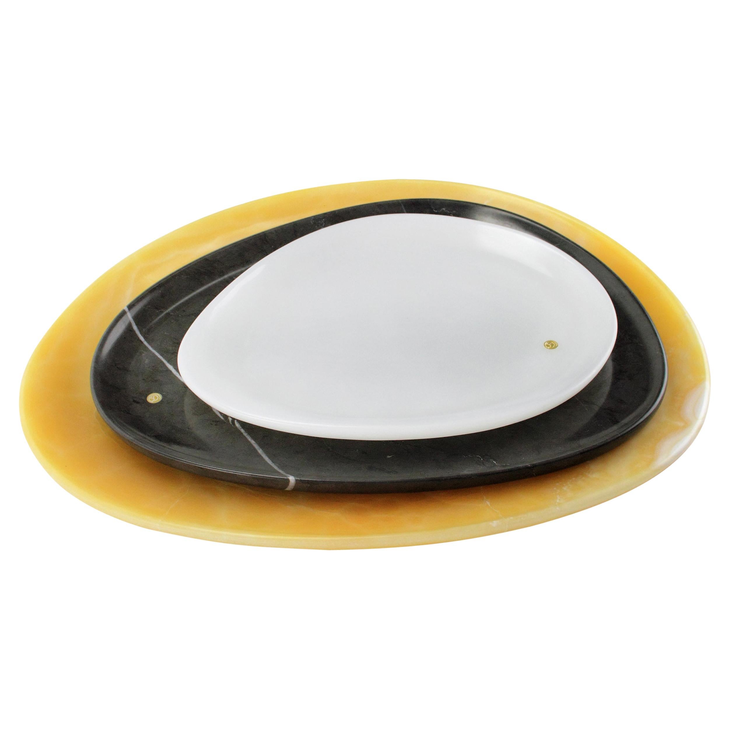 Plates Platters Serveware Set White Orange Onyx Grey Stone Marble Hand-carved For Sale