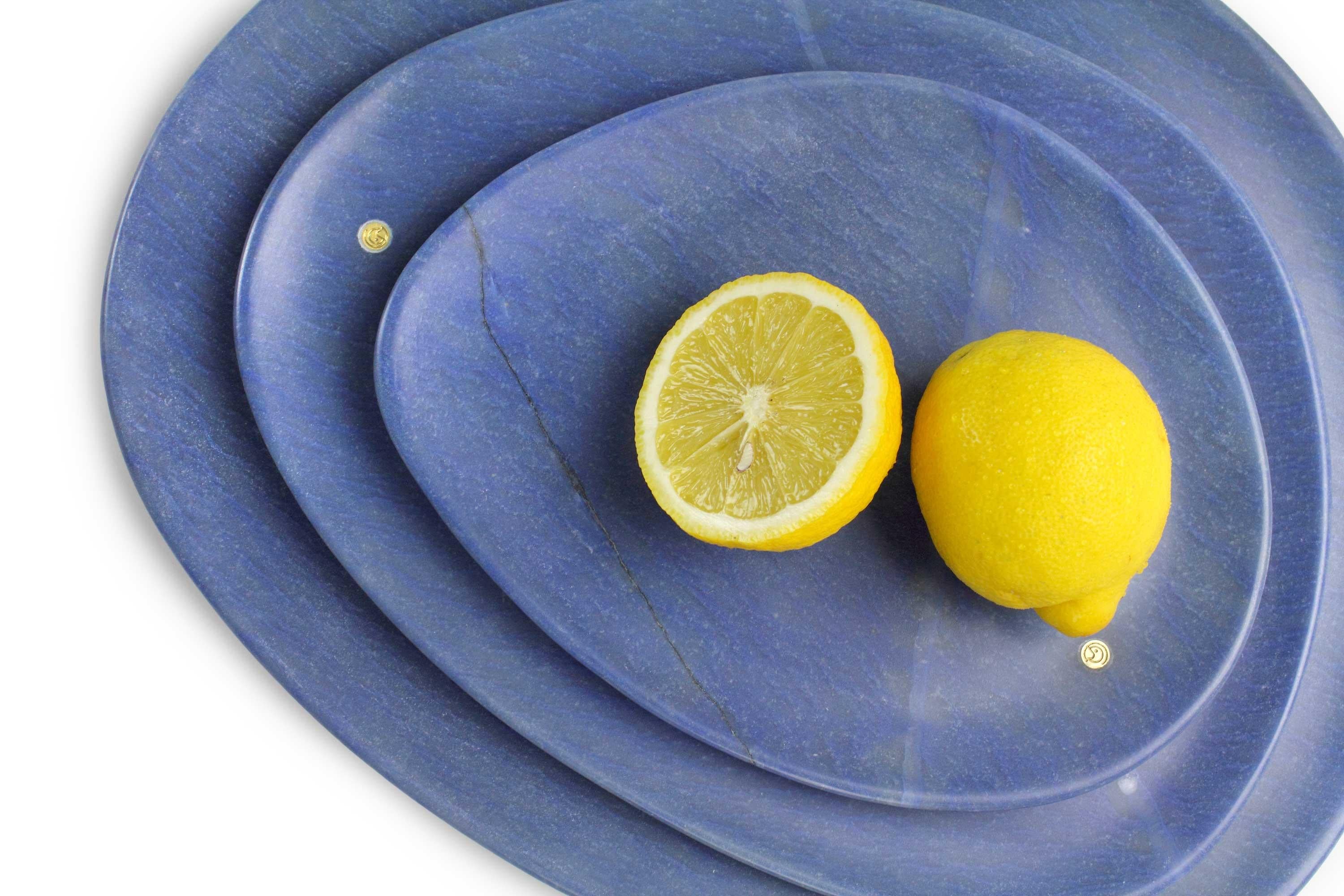 Platos Bandejas Vajilla Set de 3 Azul Mármol Coleccionable Tallado a Mano Moderno en venta