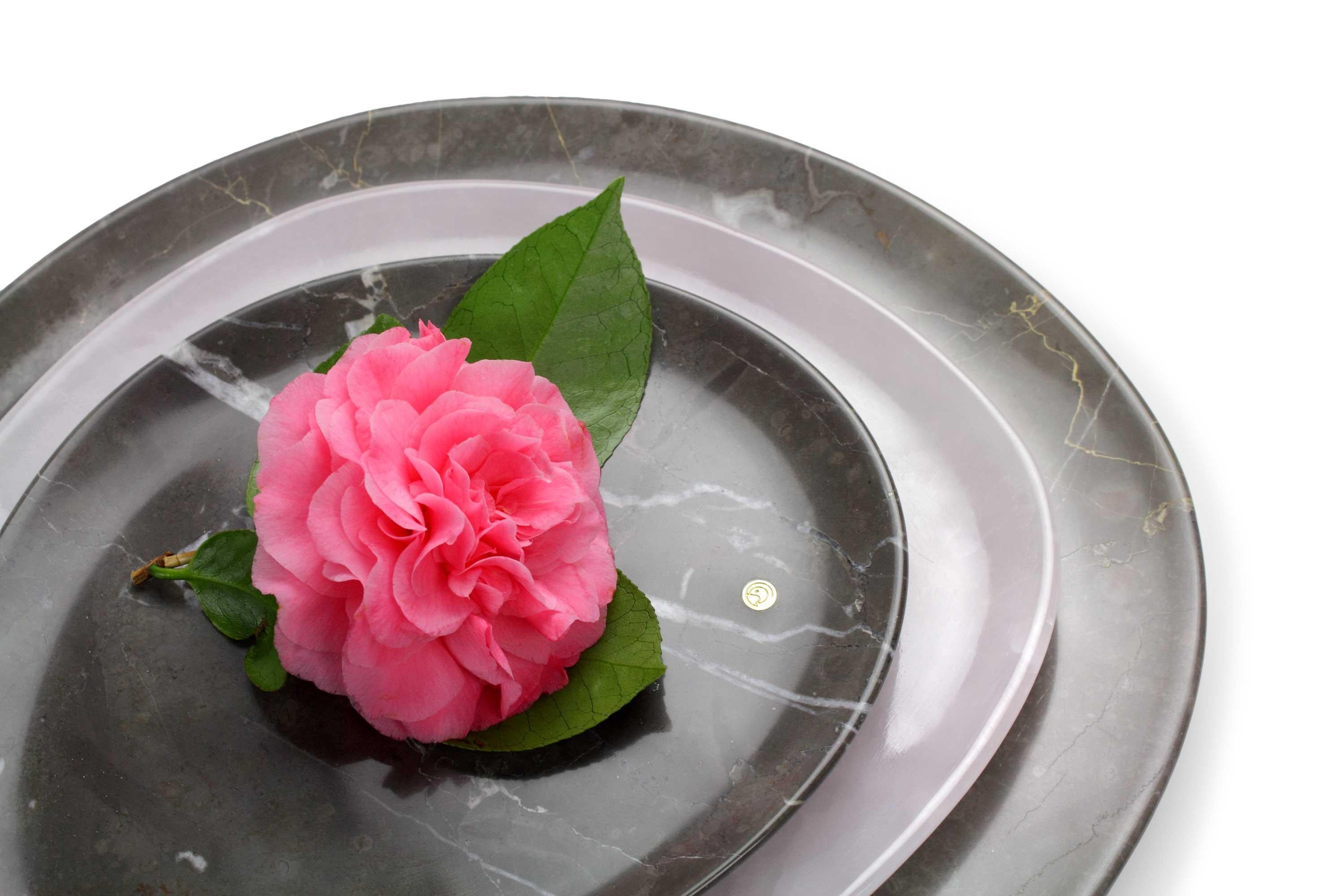 Modern Plates Platter Serveware Set Pink Onyx Imperial Grey Marble Hand-carved Italy For Sale