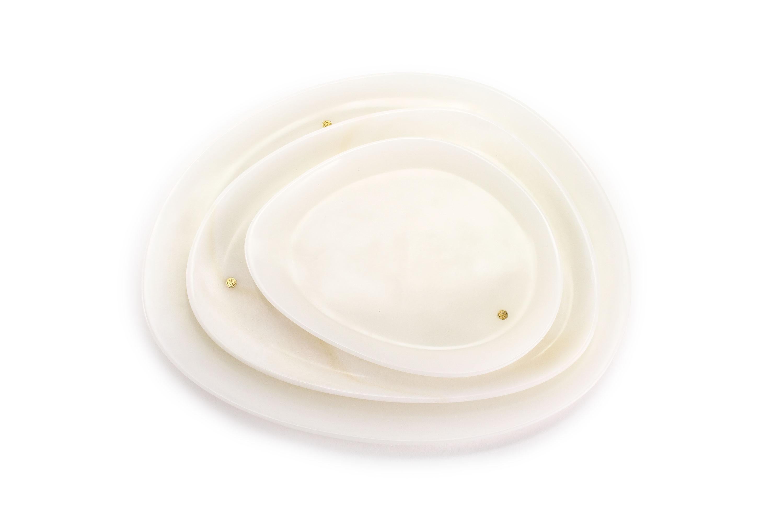Platos Bandejas Vajilla Juego de 3 Blanco Ónice Mármol Diseño Coleccionable Italia Moderno en venta