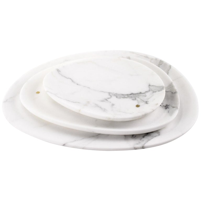 Plates Platters Serveware Set of 3 White Statuary Marble Collectible Design For Sale