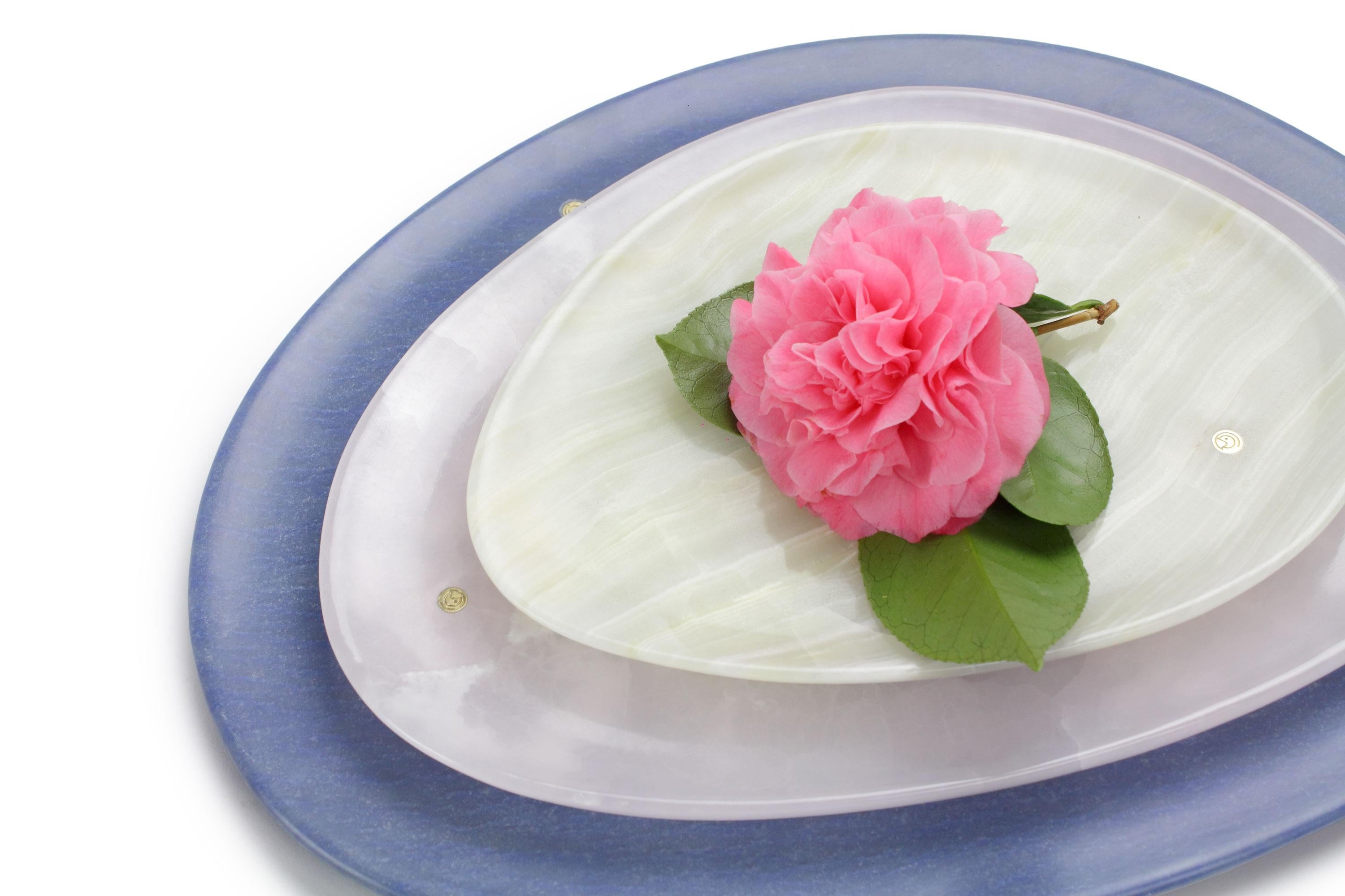 Modern Plates Platters Serveware Set of 3 Green Pink Onyx Blue Azul Marble Hand-carved For Sale