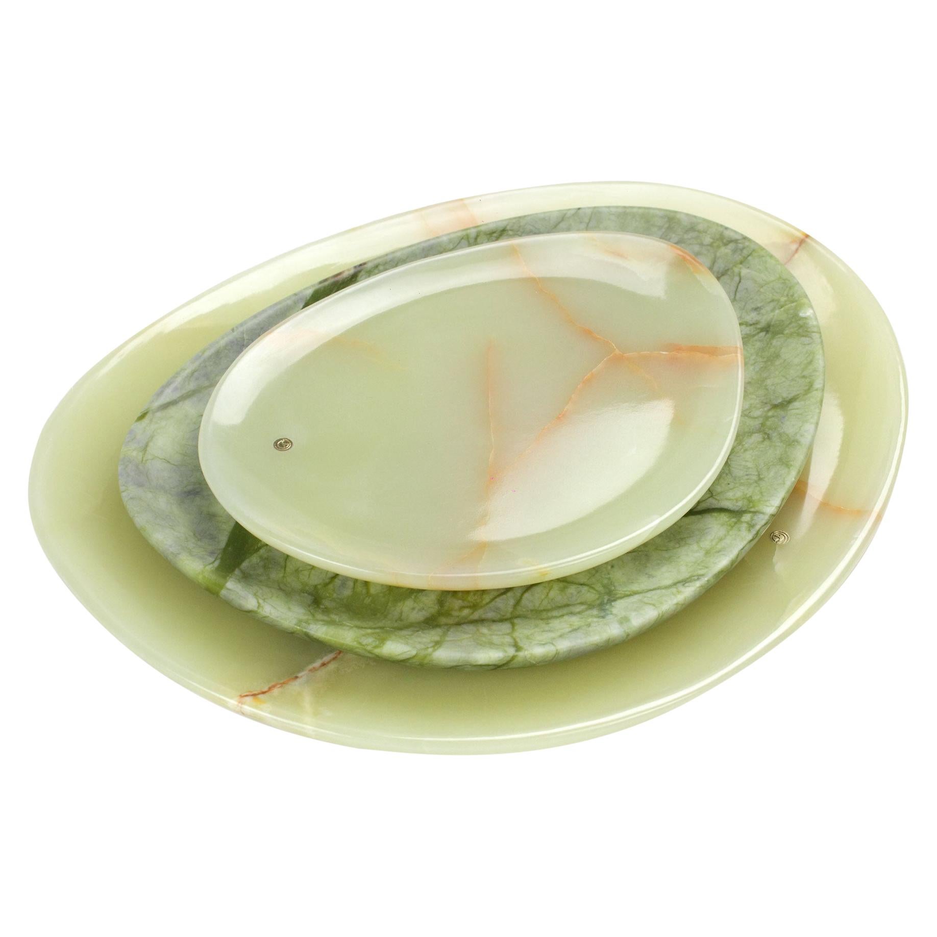 Plates Platters Serveware Set Solid Green Onyx Ming Marble Hand-carved Italy For Sale