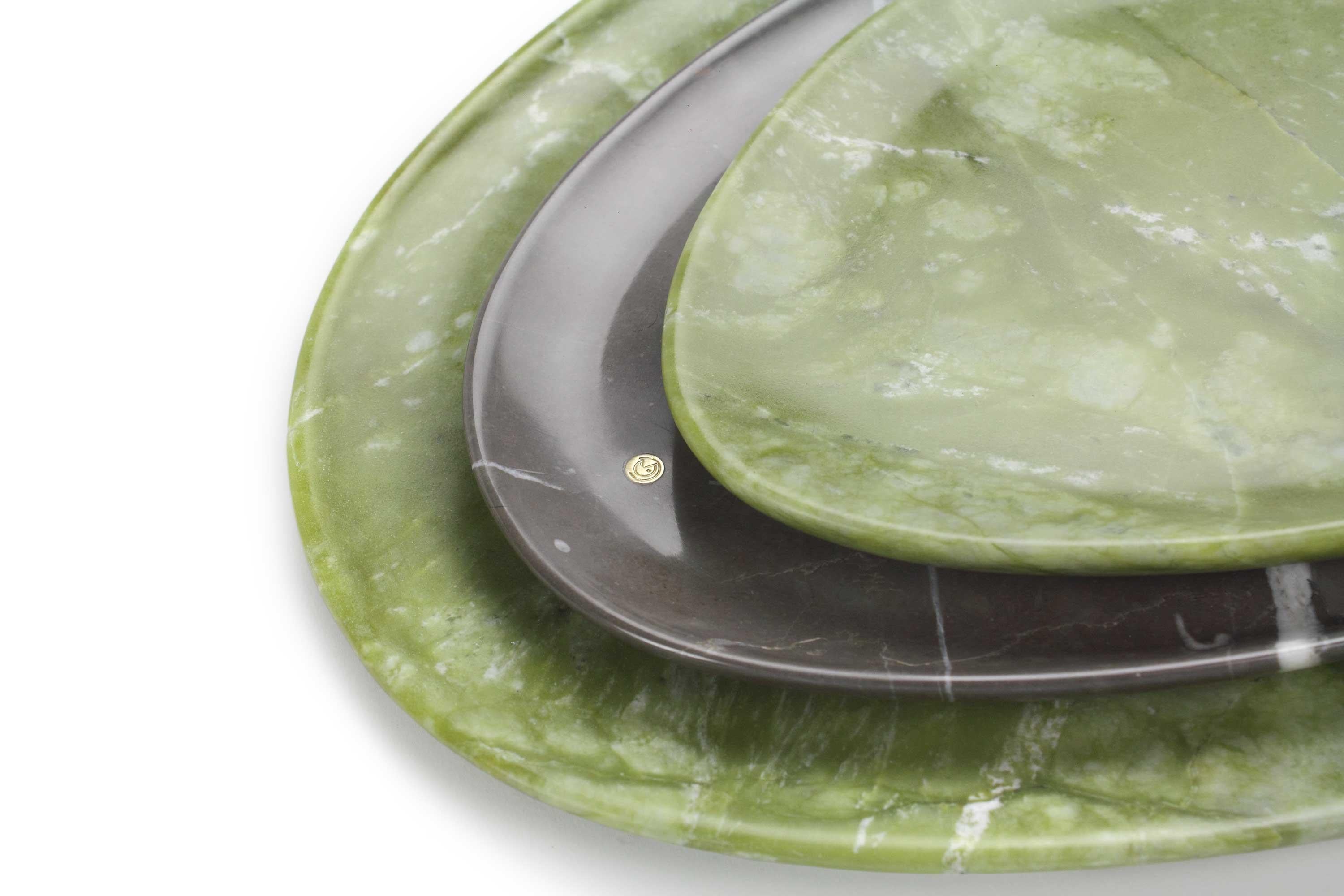 Modern Plates Platter Serveware Set Green and Grey Marble Hand-carved Collectible Italy For Sale