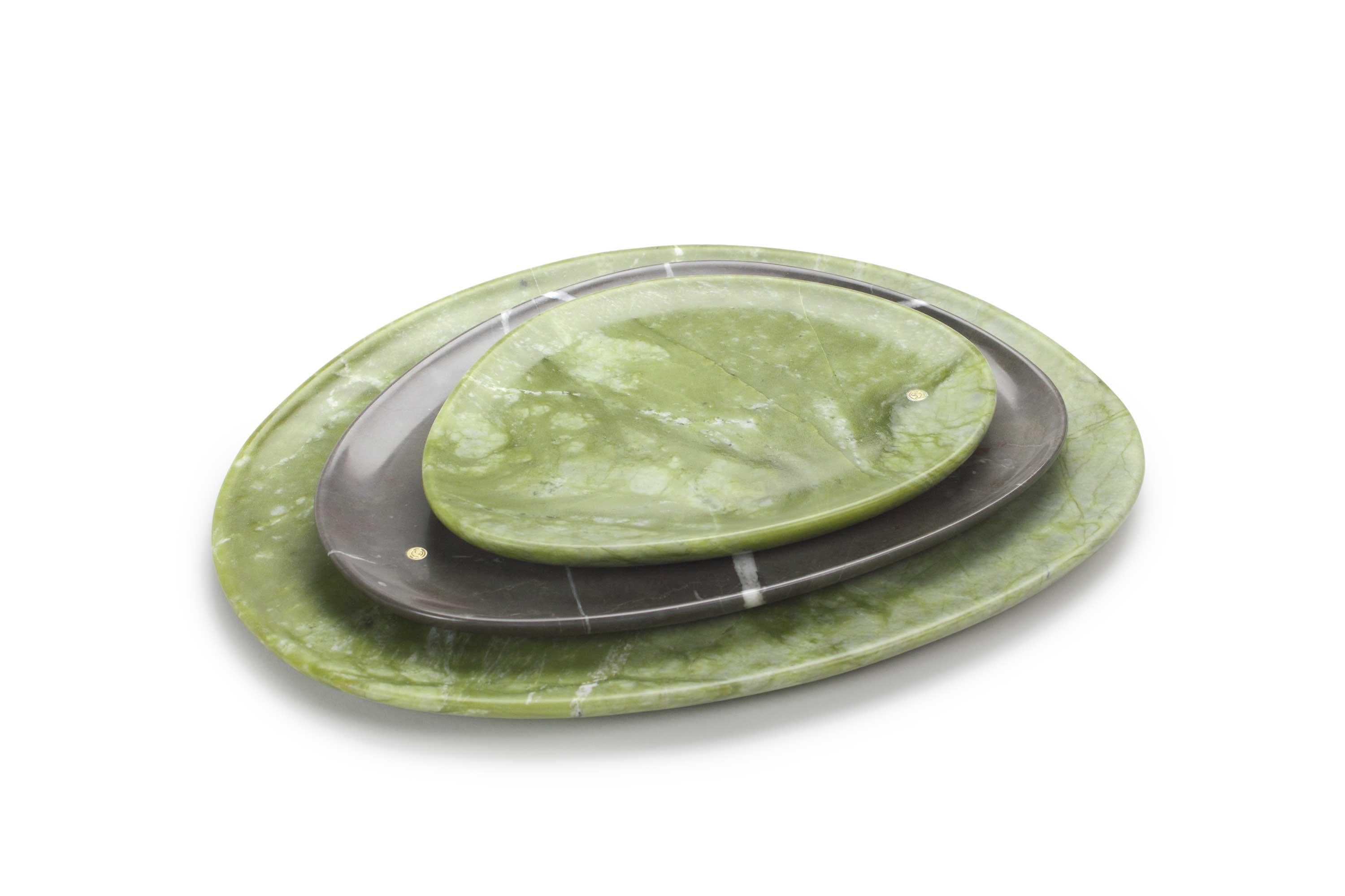 Italian Plates Platter Serveware Set Green and Grey Marble Hand-carved Collectible Italy For Sale