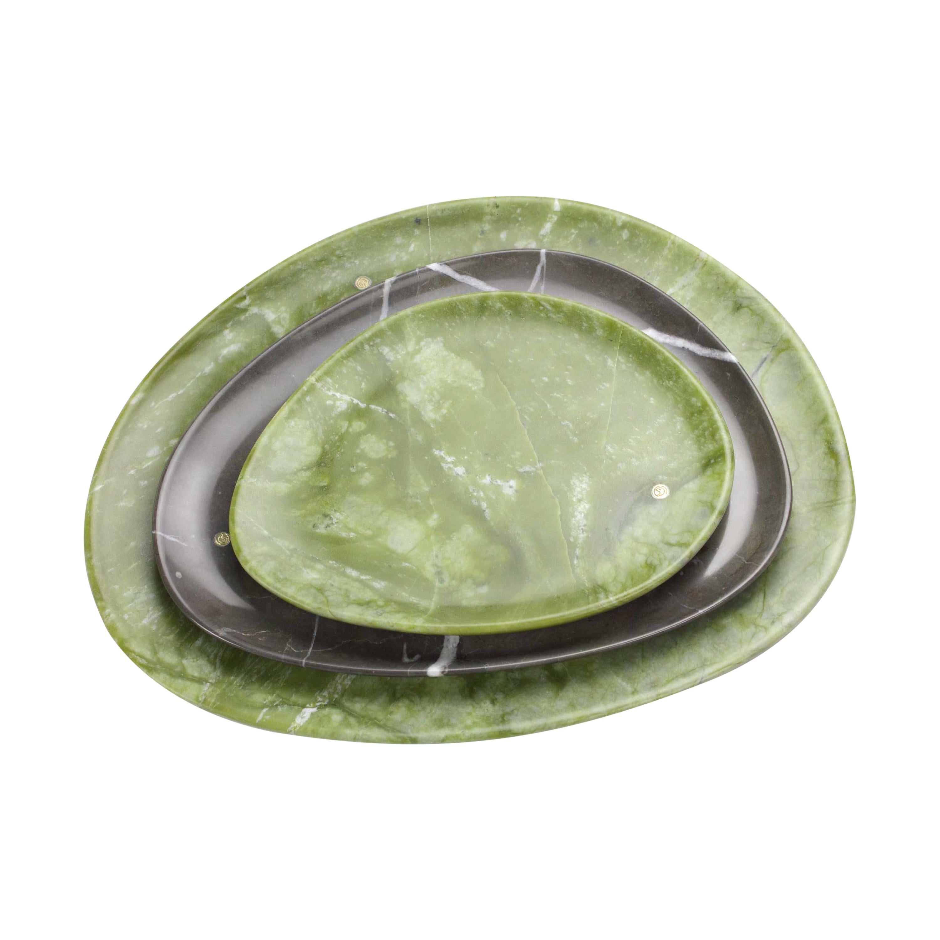 Plates Platter Serveware Set Green and Grey Marble Hand-carved Collectible Italy For Sale