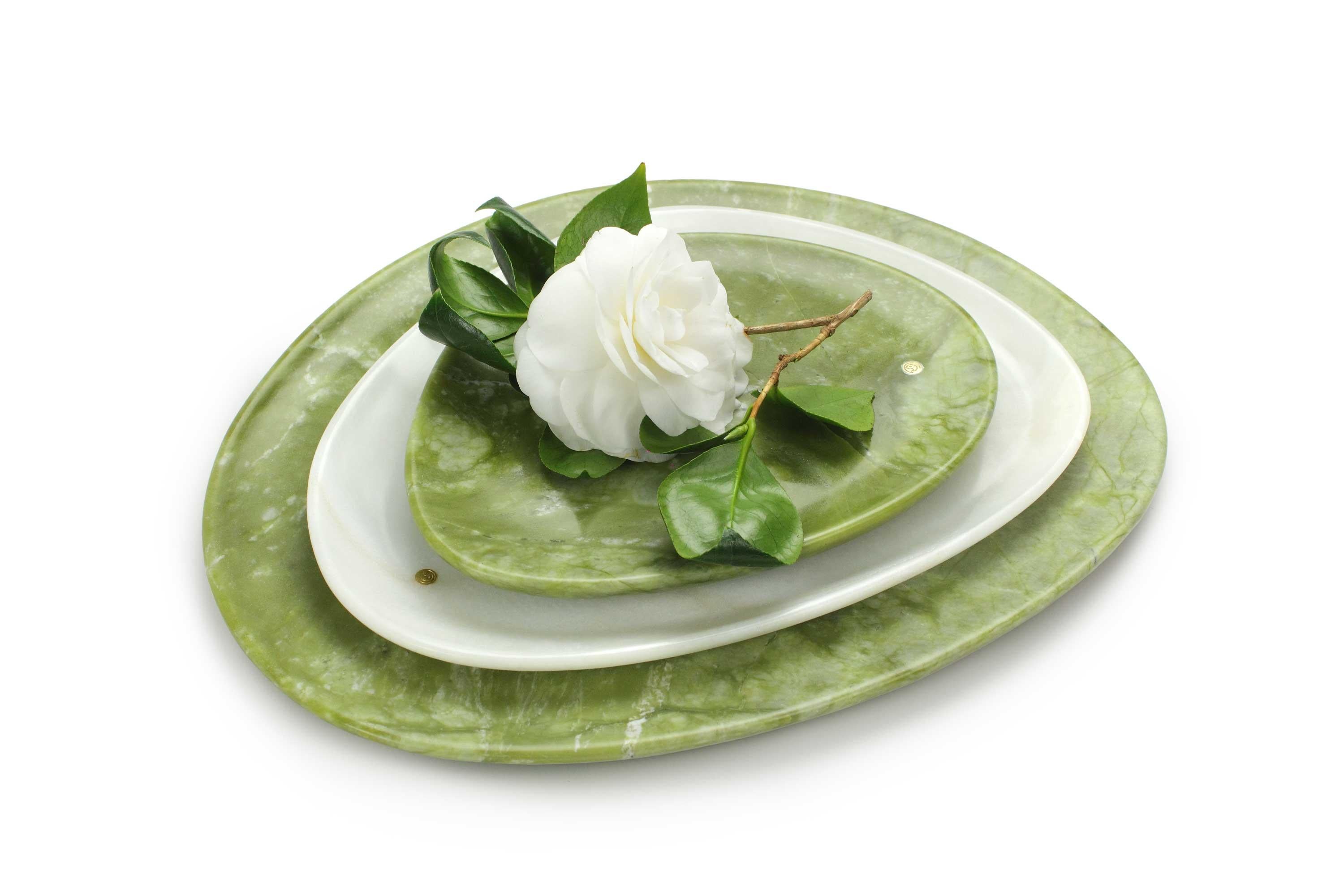 Hand carved presentation plates in Green Ming marble and white onyx. 
Multiple use as plates, platters and placers. 

Dimensions: Small - L 24 W 20 H 1.8 cm, Medium - L 30 W 28 H 1.8 cm, Big - L 36 W 35 H 1.8 cm.
Available in different marbles, onyx