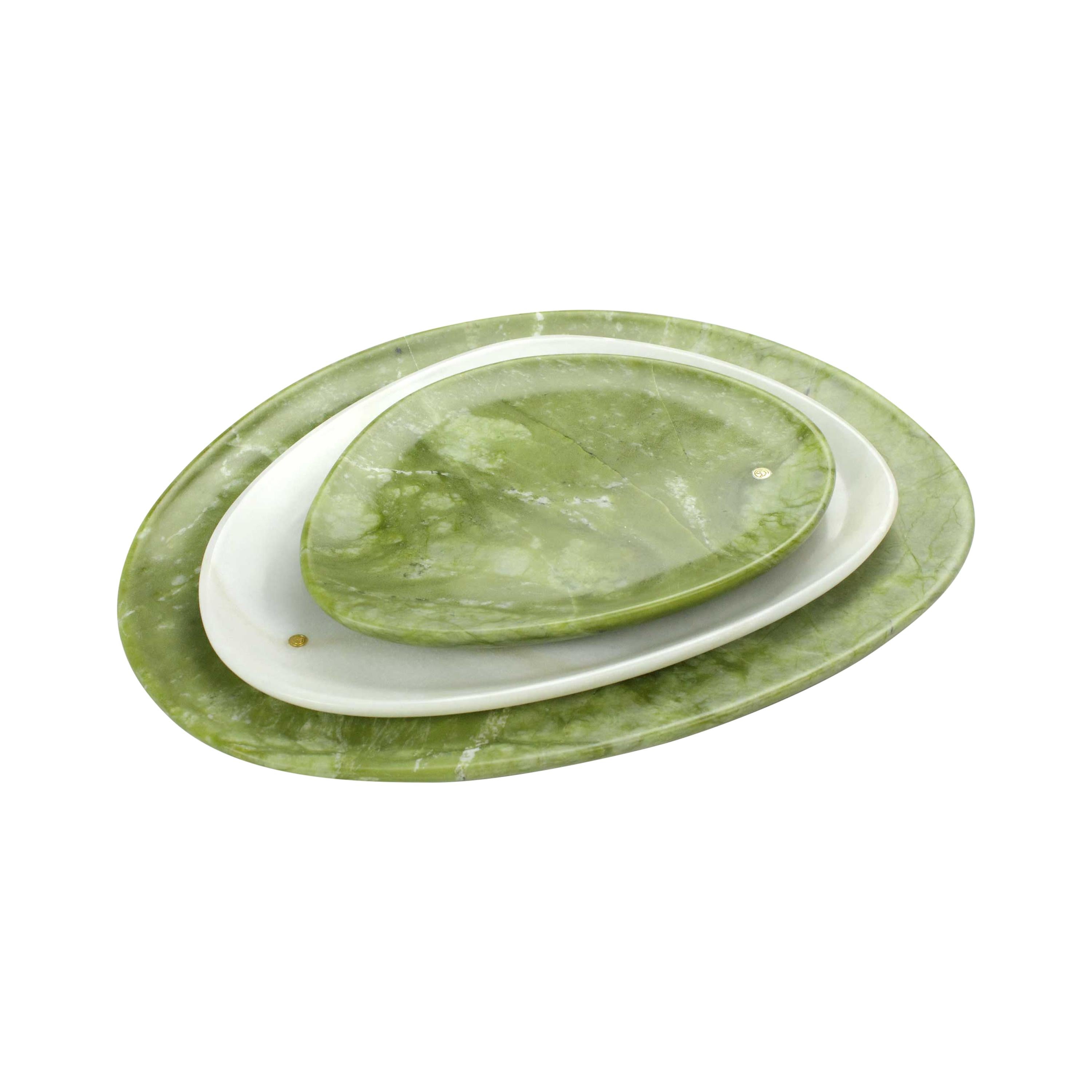 Plates Platters Serveware Set of 3 Green Marble White Onyx Hand-carved Italy For Sale