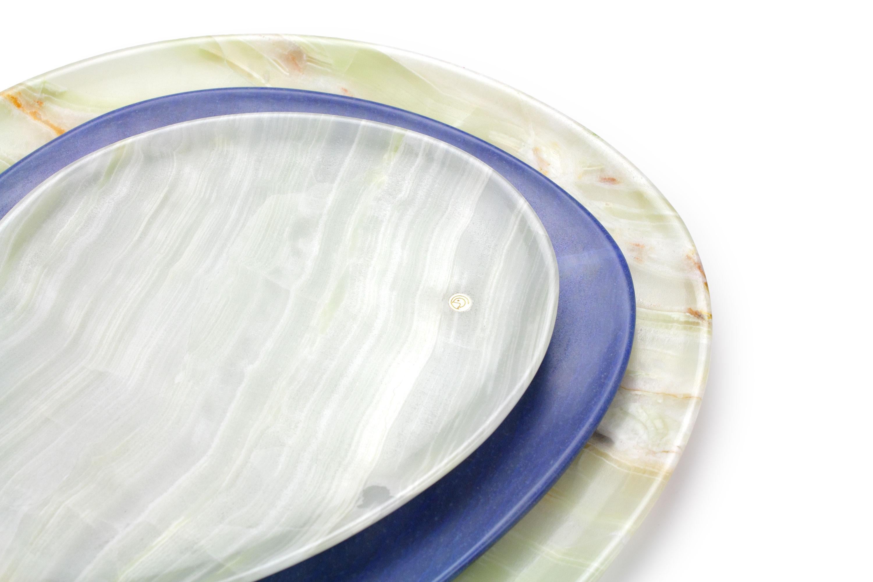 Modern Plates Platters Serveware Set Green Onyx Blue Azul Marble Hand-carved Italy  For Sale