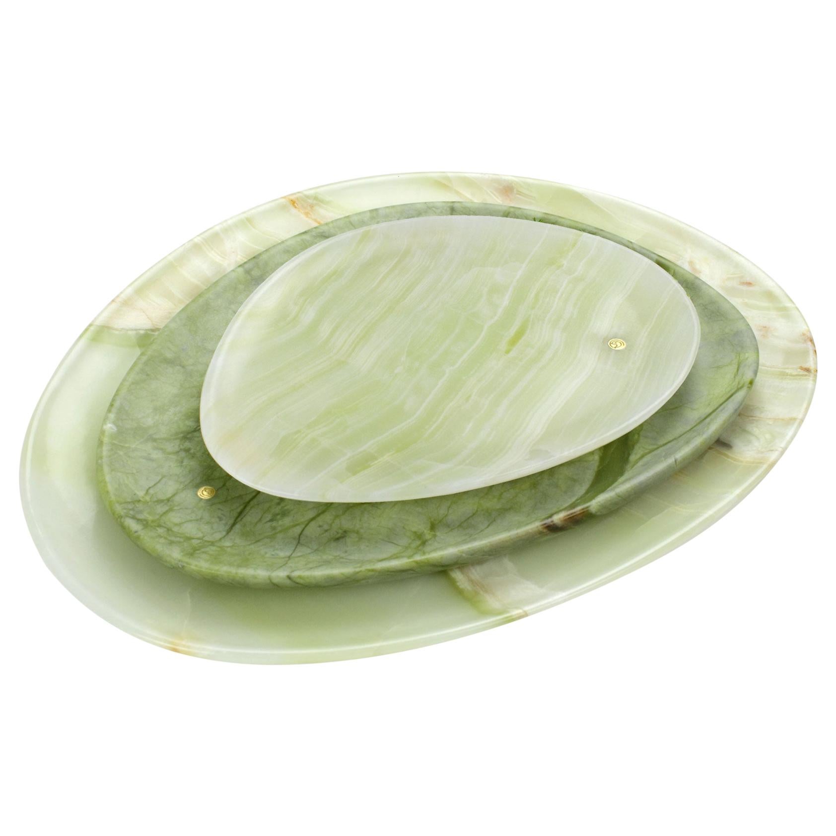 Plates Platters Serveware Set Solid Green Onyx Ming Marble Hand-carved Italy