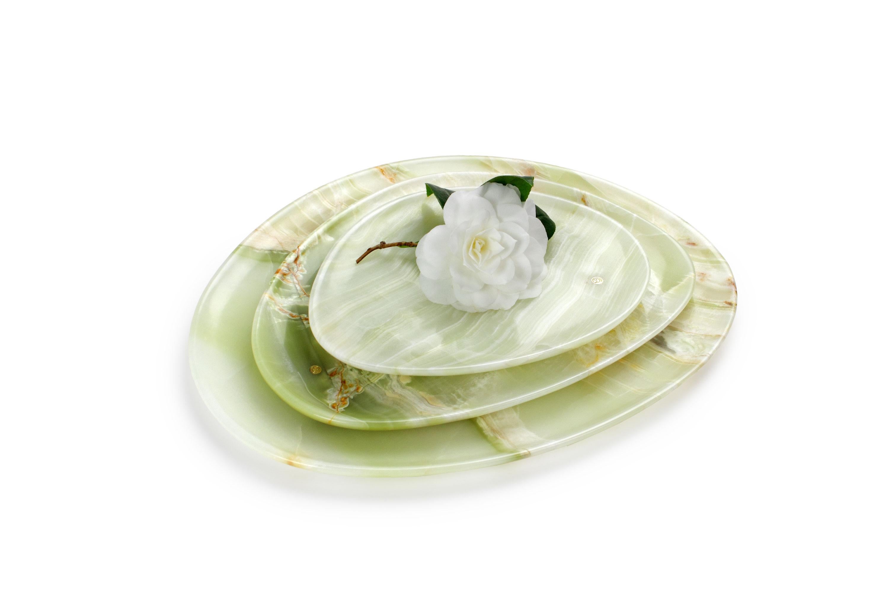 Platos Bandejas Vajilla Juego de 3 Sólido Mármol Ónice Verde Tallado a Mano Italia Moderno en venta