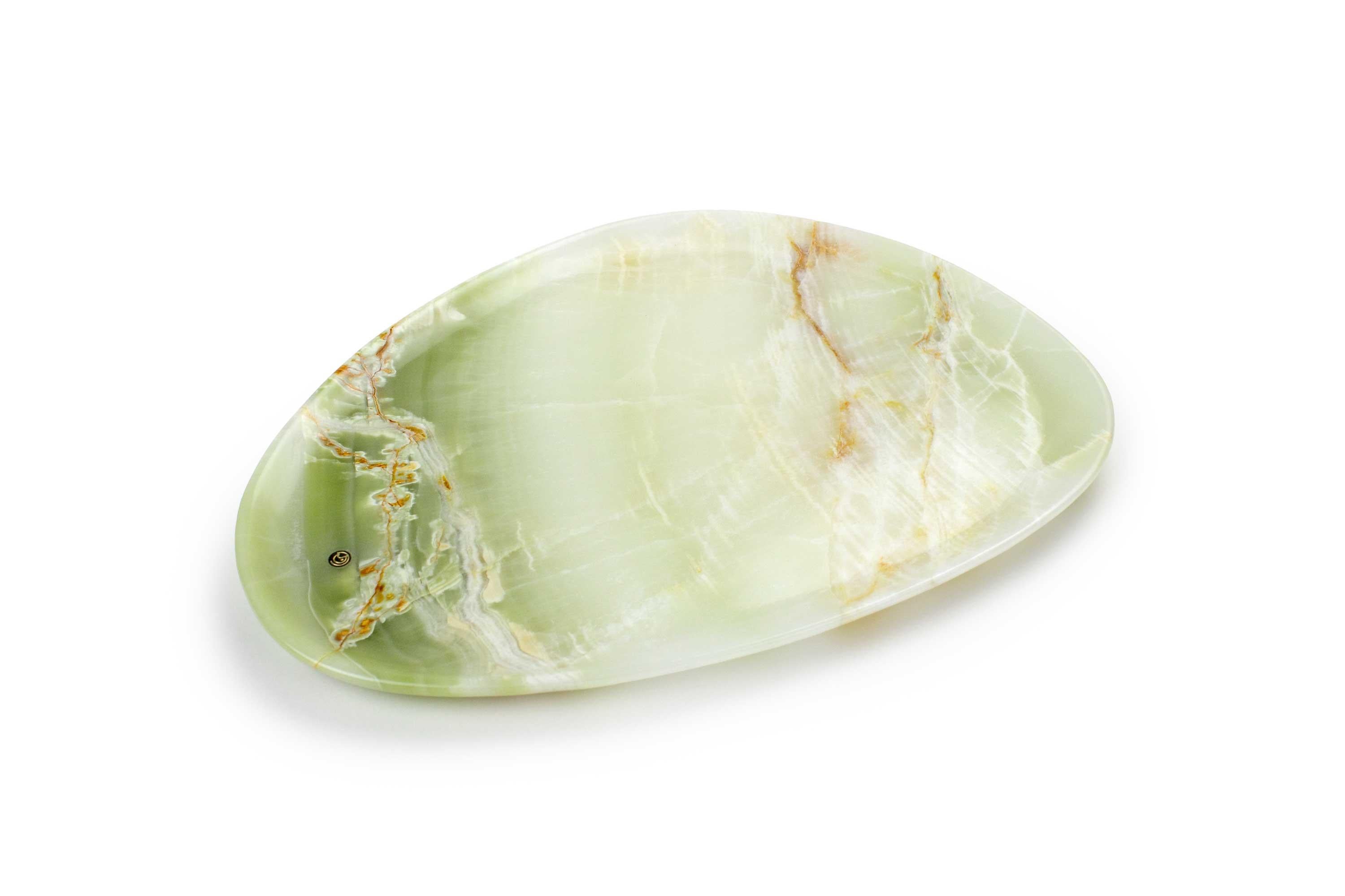 Modern Plates Platters Serveware Set of 3 Solid Green Onyx Marble Hand-carved Italy For Sale