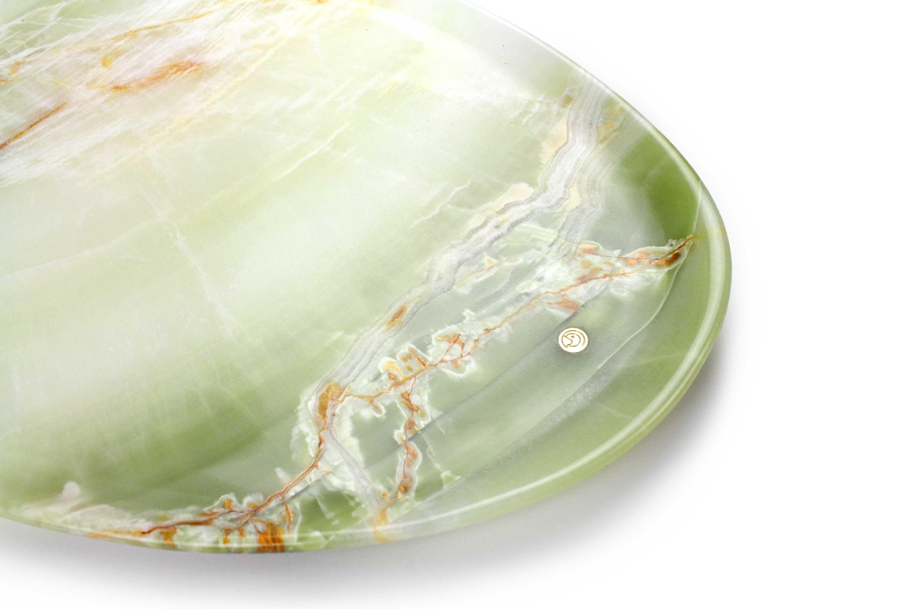 Italian Plates Platters Serveware Set of 3 Solid Green Onyx Marble Hand-carved Italy For Sale