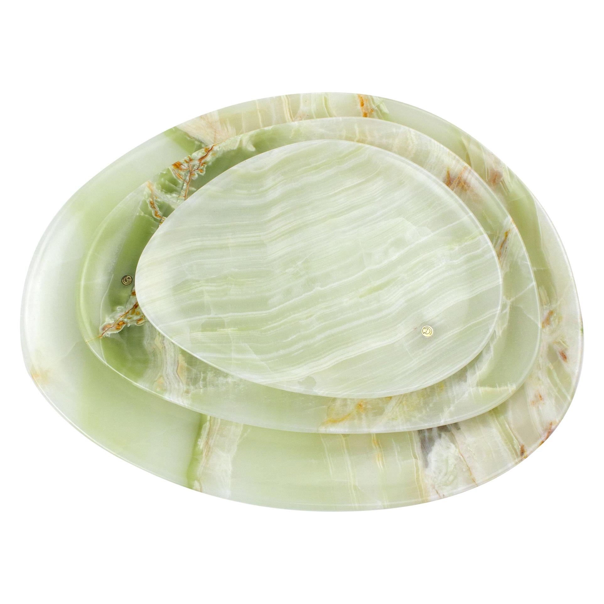 Plates Platters Serveware Set of 3 Solid Green Onyx Marble Hand-carved Italy For Sale