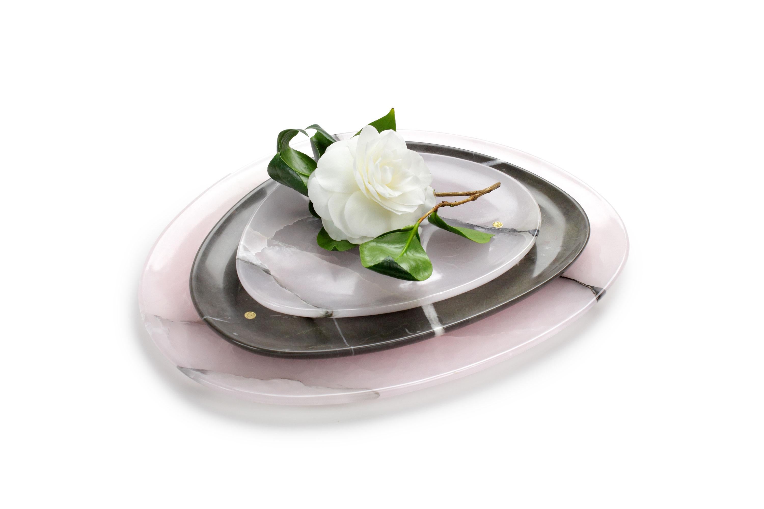 Italian Plates Platters Serveware Set of 3 Solid Pink Onyx Grey Marble Hand-carved Italy For Sale