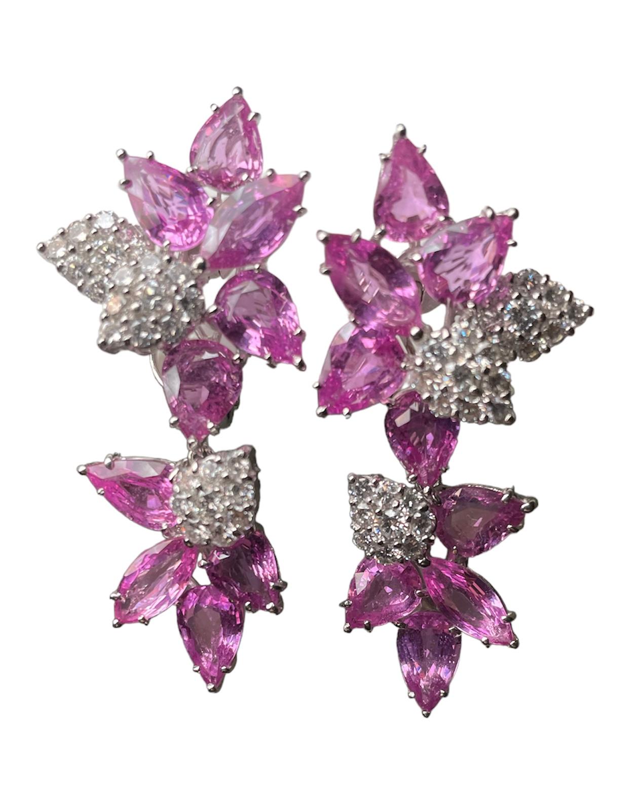 Set of Platinum Natural Pink Sapphires Diamonds Cluster Ring/Pair of Earrings For Sale 8
