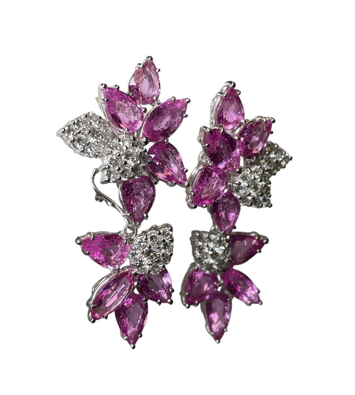 Set of Platinum Natural Pink Sapphires Diamonds Cluster Ring/Pair of Earrings For Sale 9