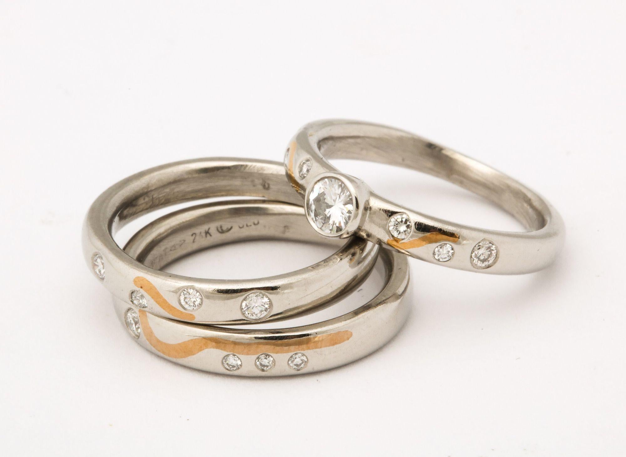 Set of Platinum Stacking Bands with Diamonds and Inlaid Gold For Sale 3