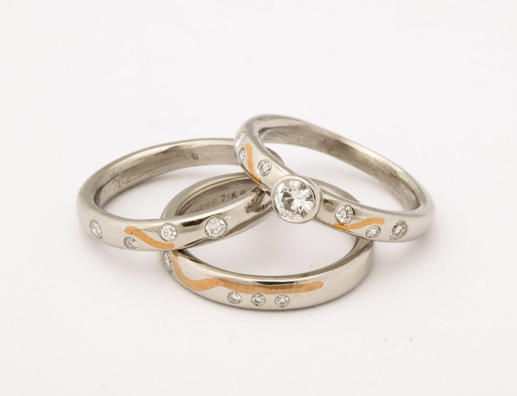 Set of Platinum Stacking Bands with Diamonds and Inlaid Gold For Sale 4