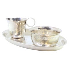 Set of platter, cup and bowl in hammered silver