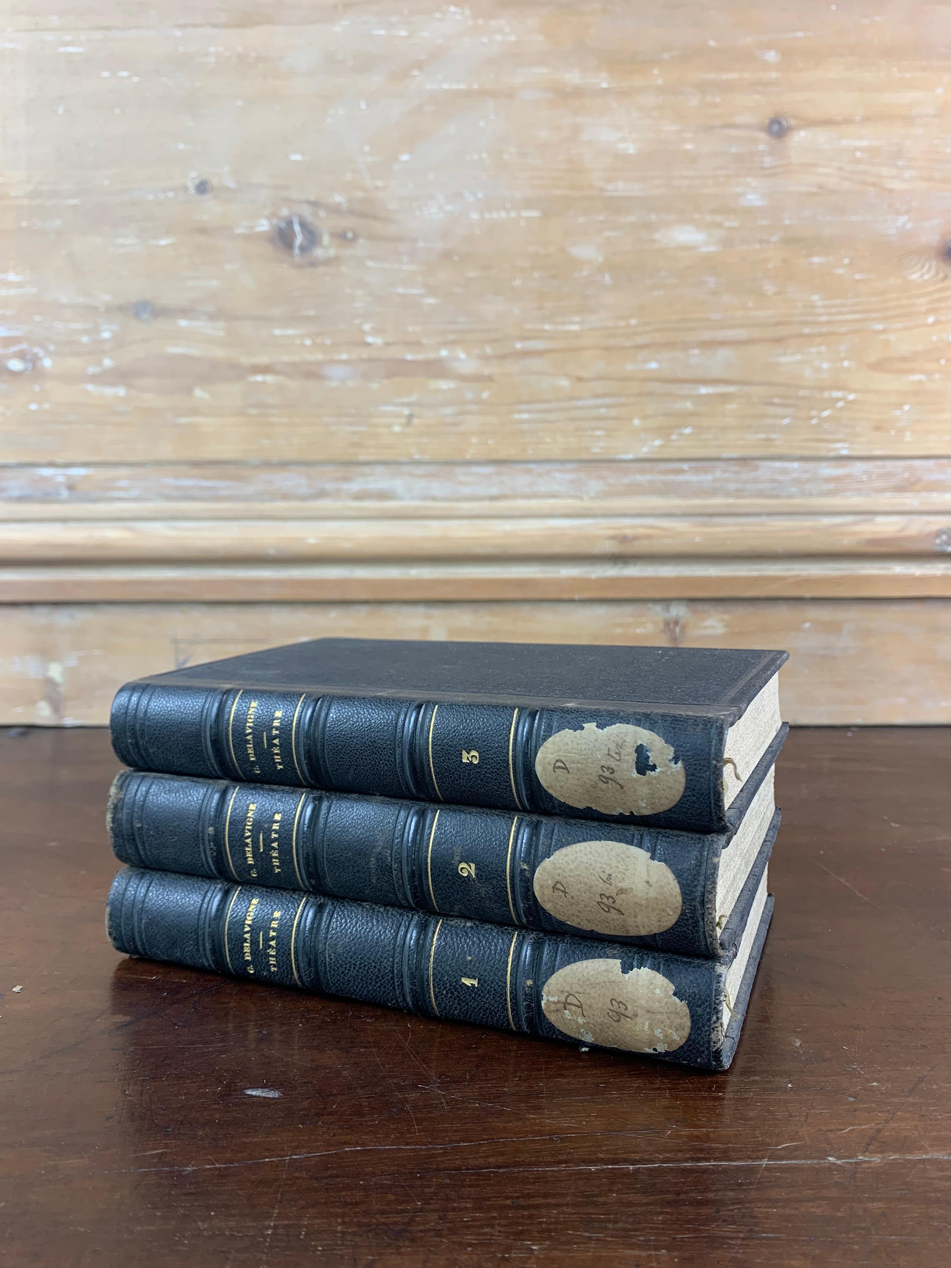 Set of old bound books dating from the 19th century. From an old protestant library near Le Havre in France. These 3 books are the set of different plays by Casimir Delavigne of the French Academy. These beautiful books are perfect to fill a nice