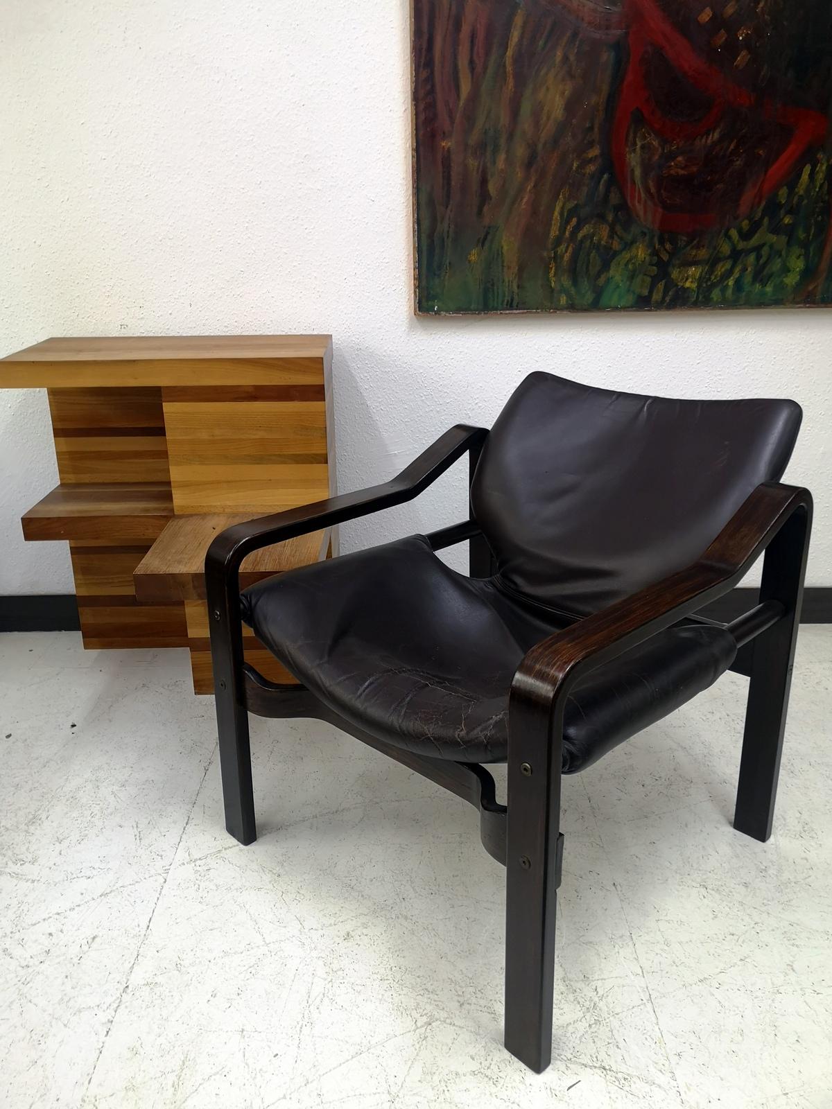 Mid-Century Modern Set of Plywood Chairs with Dark Brown Leather Upholstery, 1970s