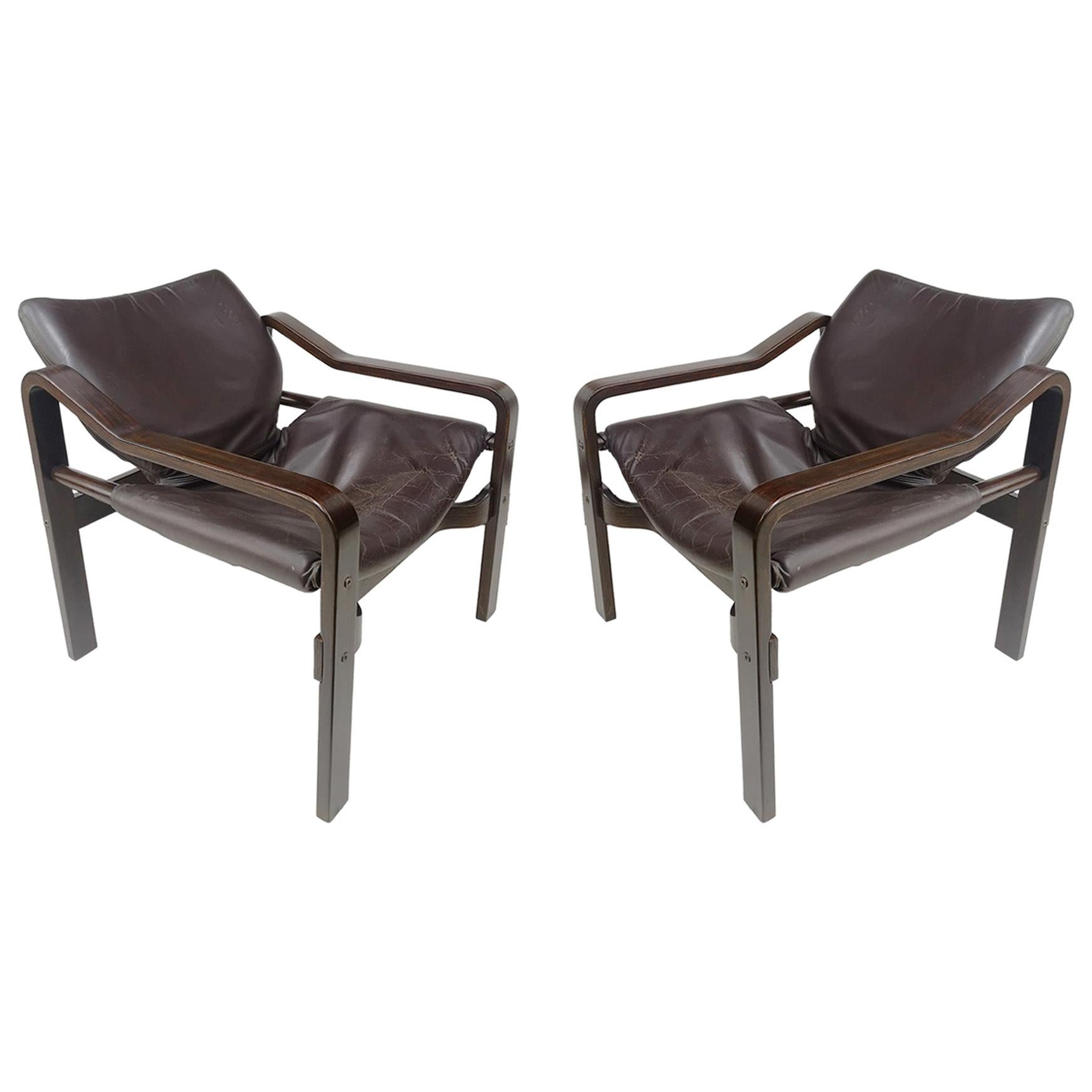 Set of Plywood Chairs with Dark Brown Leather Upholstery, 1970s